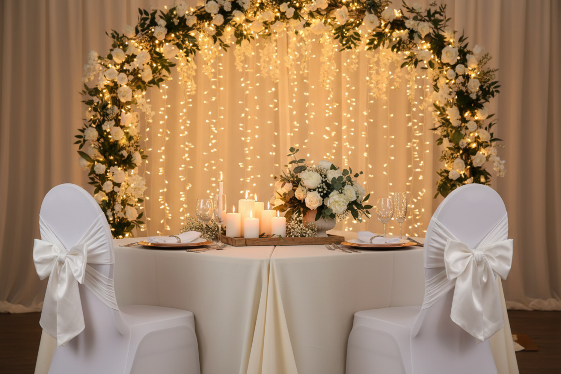 sweetheart table with Cross Back Stretch Spandex Banquet Chair Cover - White
