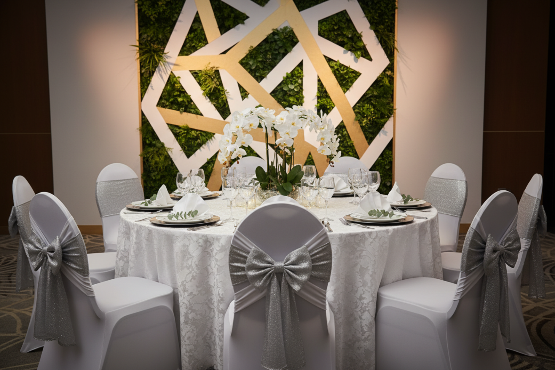coorporate gala setup with Cross Back Stretch Spandex Banquet Chair Cover - White
