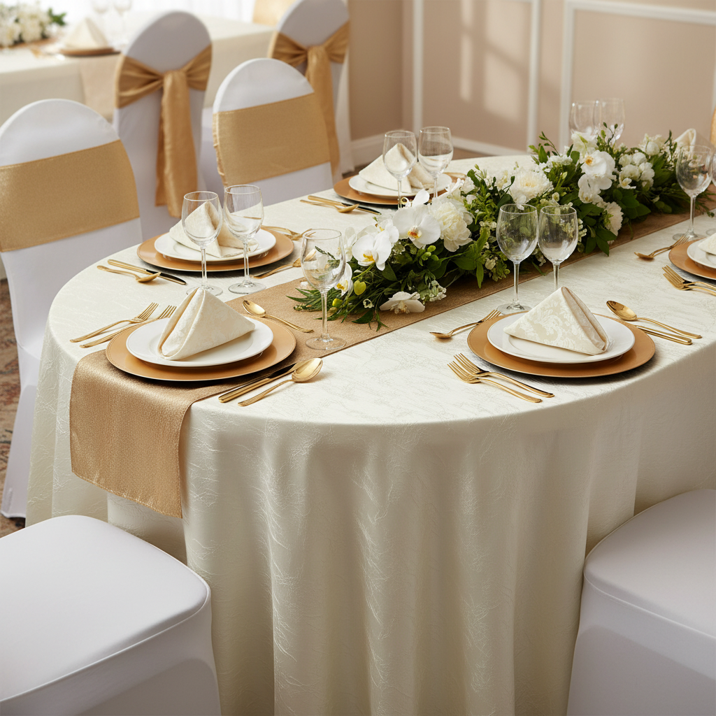 reunion setup using Crushed Taffeta 120" Round Tablecloth - Ivory with gold charger plate and table runner