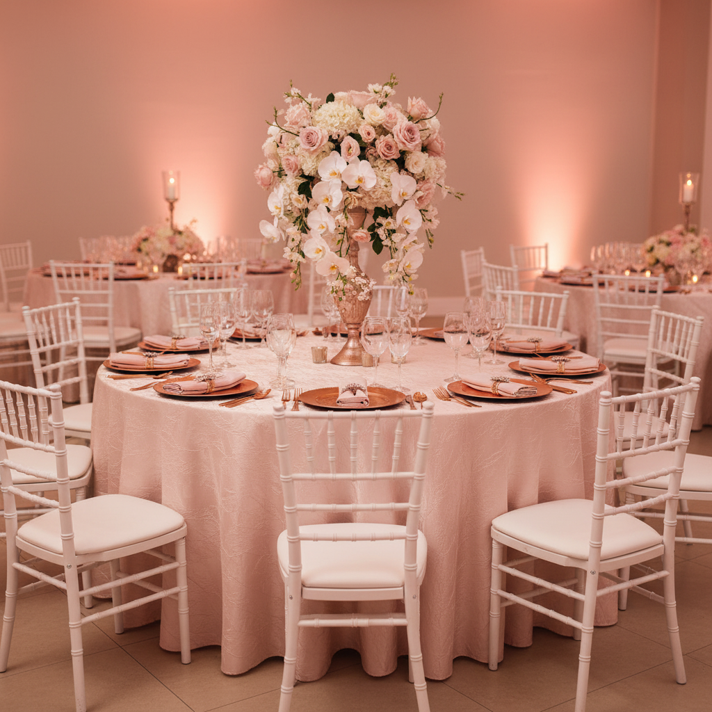 Crushed Taffeta 132" Round Tablecloth - Blush/Rose Gold