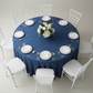 Crushed Taffeta 132" Round Tablecloth - Navy Blue for indoor reception with white dinner plate | flower centerpiece