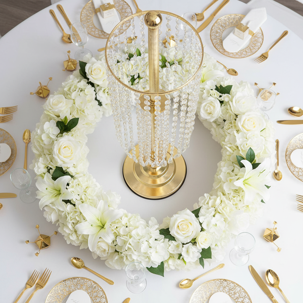 Crystal Column Tabletop Centerpiece - Gold | tablecloth | charger plate | napkin | wine goblets |