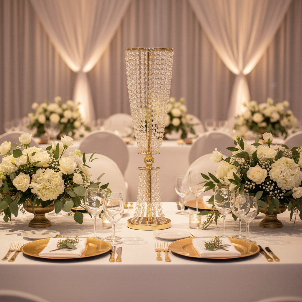 Crystal Column Tabletop Centerpiece - Gold | tablecloth | charger plate | napkin | wine goblets |