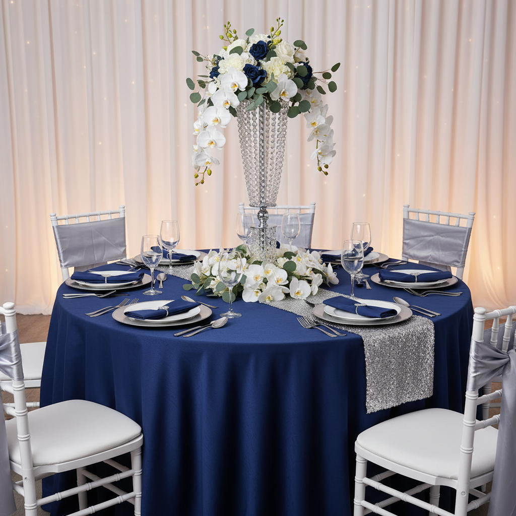 formal dinner setup using Crystal-Column-Tabletop-Centerpiece-Silver on top of royal blue tablecloth and silver table runner