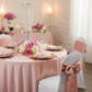 pink birthday setup using Crystal Column Tabletop Centerpiece - Silver on top of pink tablecloth and pink table runner