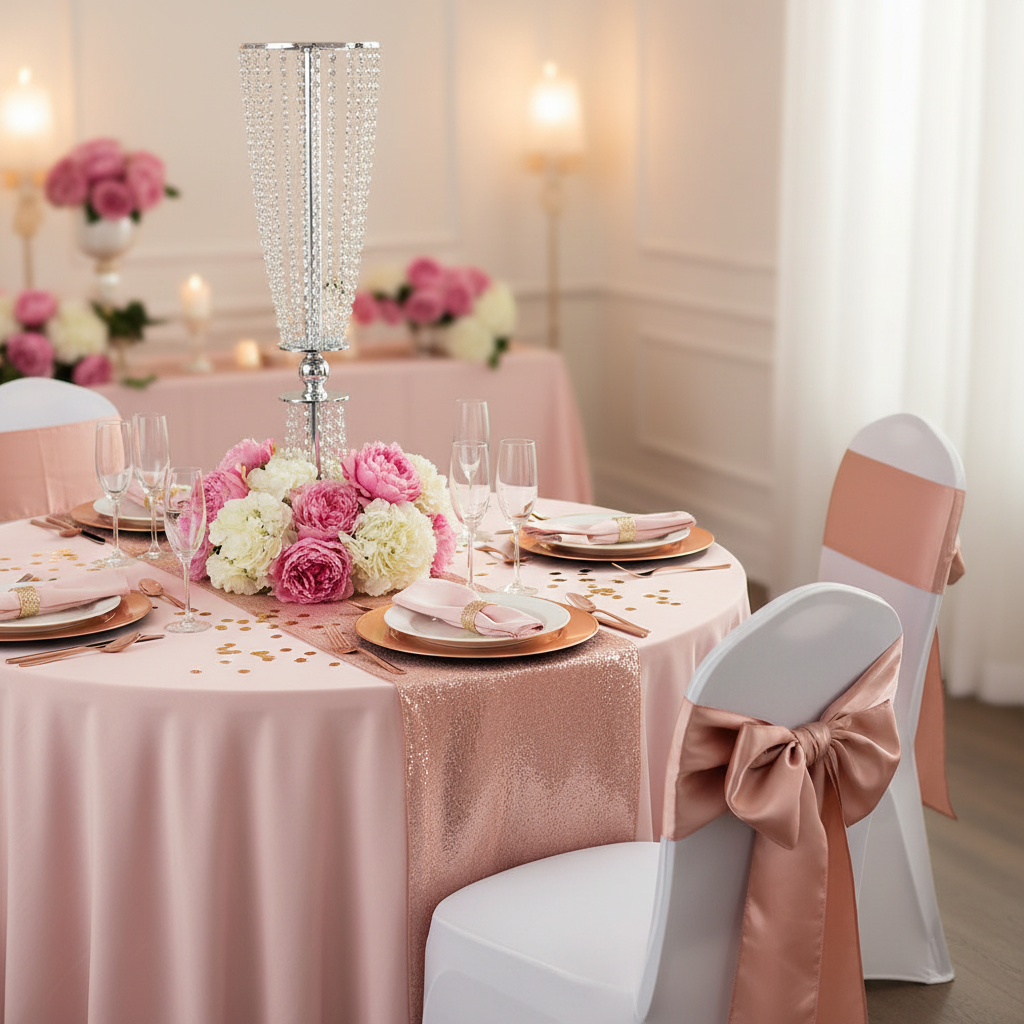 pink birthday setup using Crystal Column Tabletop Centerpiece - Silver on top of pink tablecloth and pink table runner