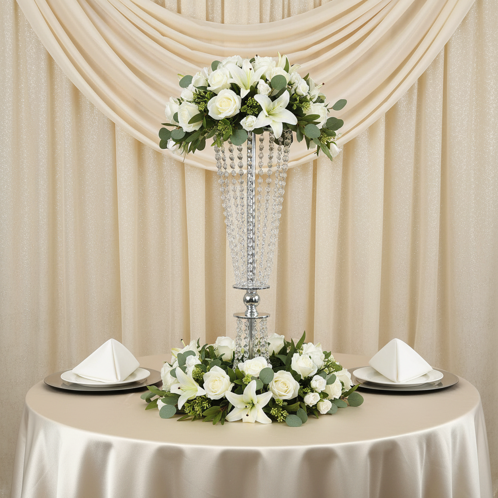 side table setup using Crystal-Column-Tabletop-Centerpiece-Silver on top of ivory tablecloth with white napkin