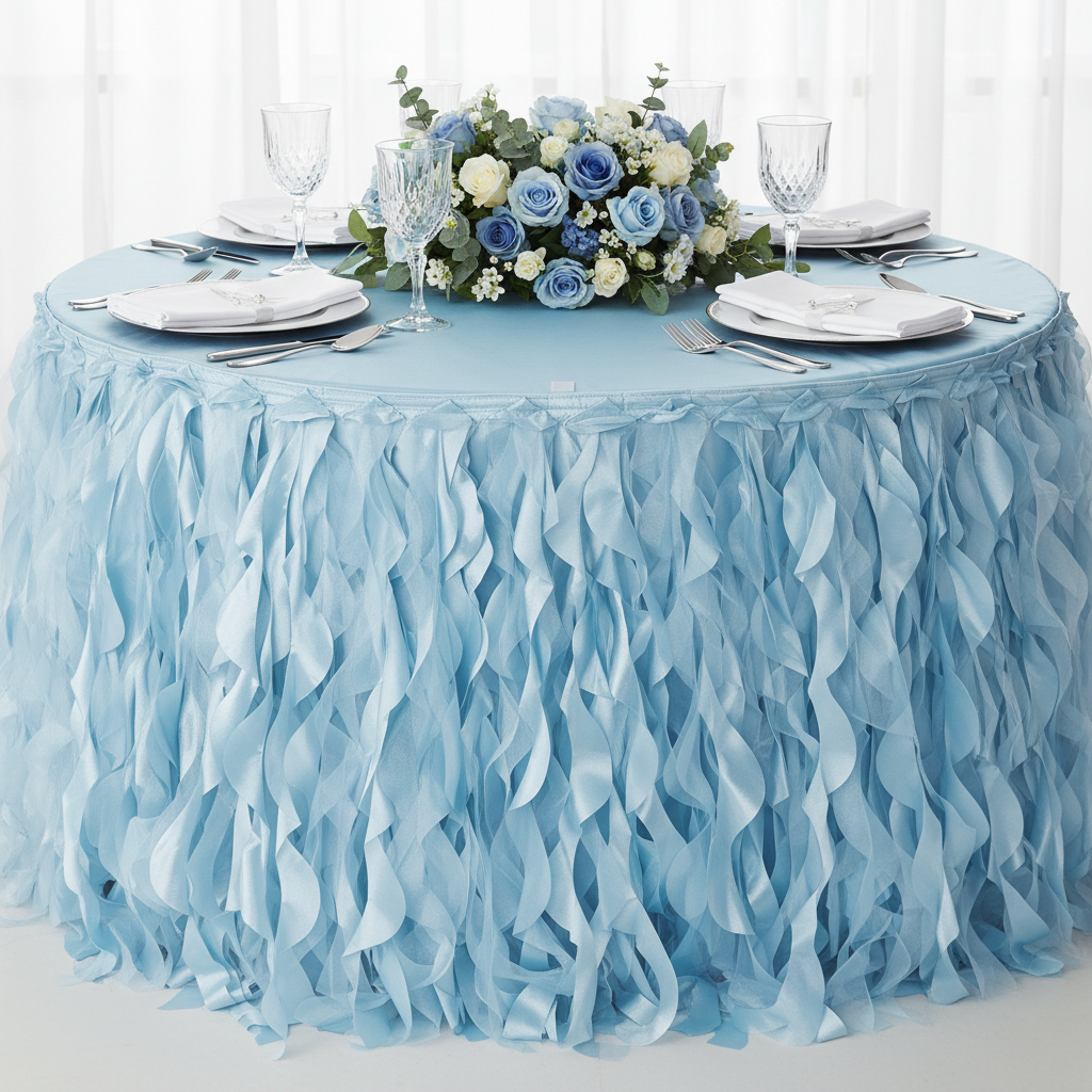 Curly Willow 17ft Table Skirt - Baby Blue for first birthday dessert table | white napkin | wine goblets
