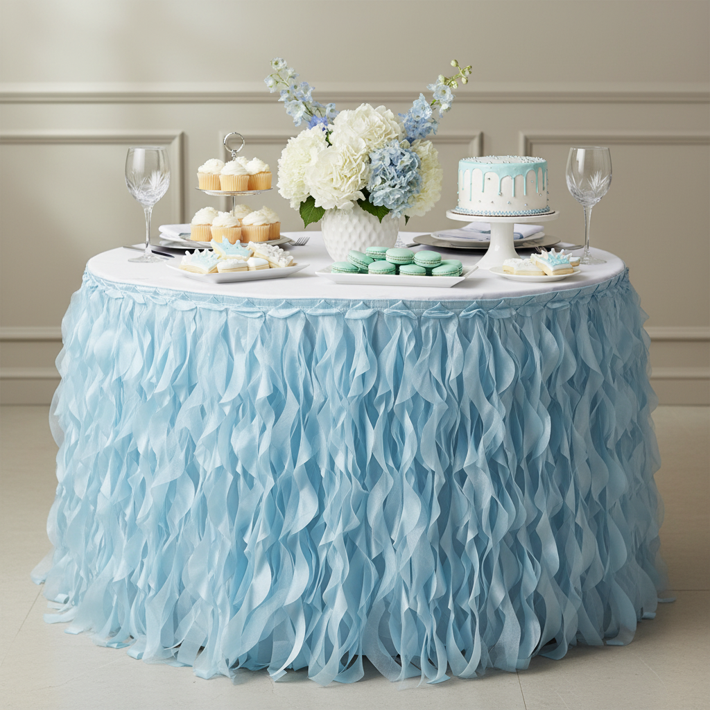 Curly Willow 17ft Table Skirt - Baby Blue for first birthday dessert table