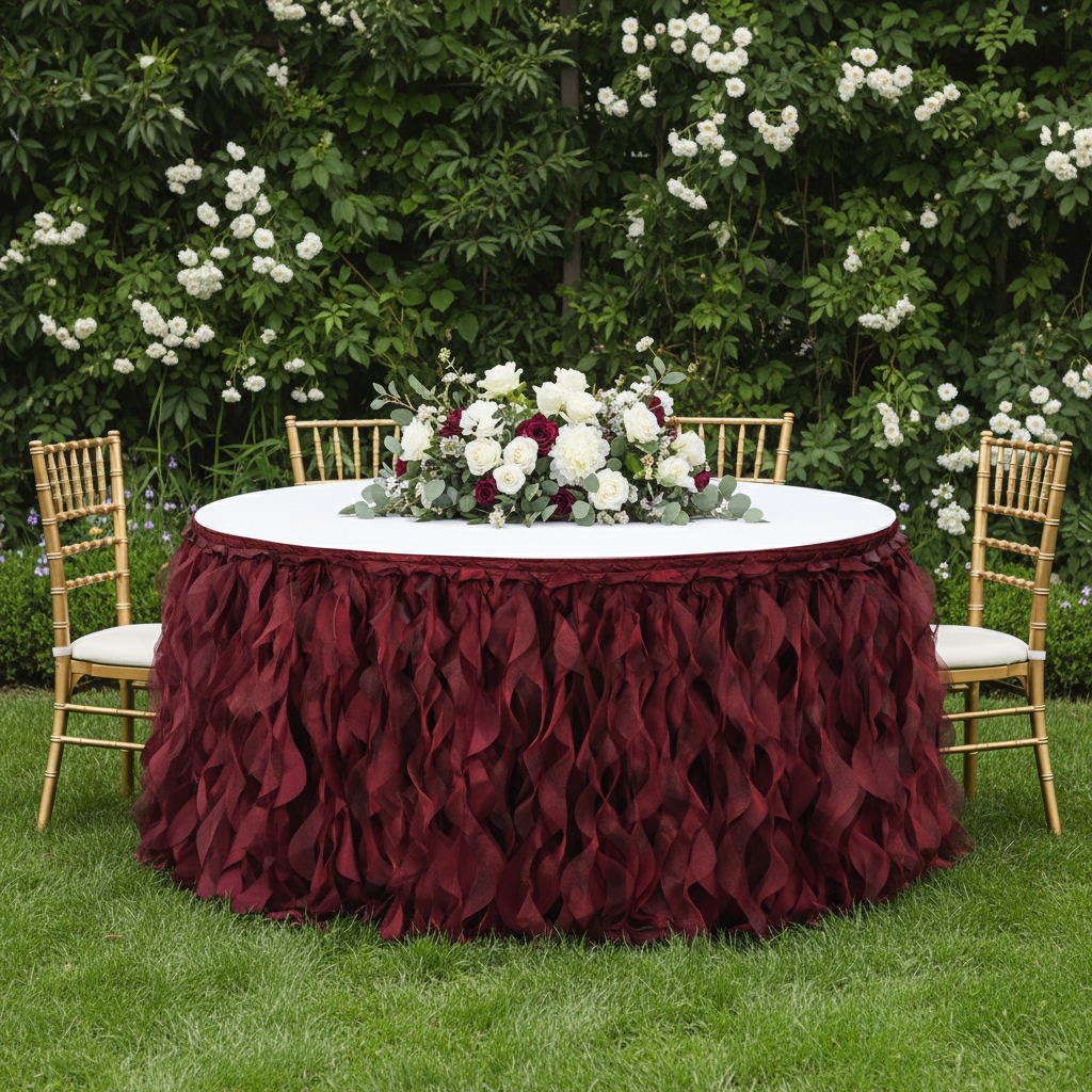 Curly Willow 17ft Table Skirt - Burgundy
