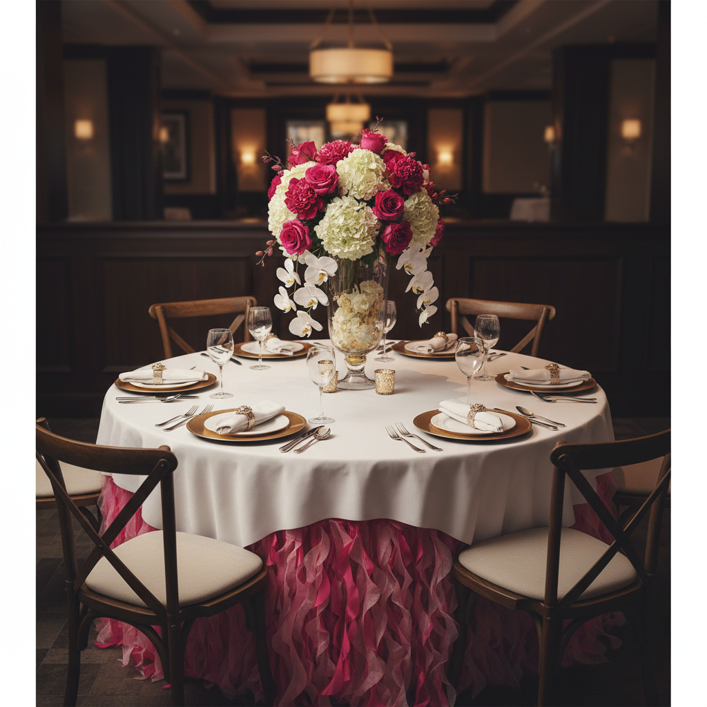 Curly Willow 17ft Table Skirt - Fuchsia with gold charger plate | white napkin | gold chiavari chair | white overlay
