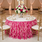 Curly Willow 17ft Table Skirt - Fuchsia for indoor birthday reception with gold trimmed charger plate | white napkin | gold chiavari chair