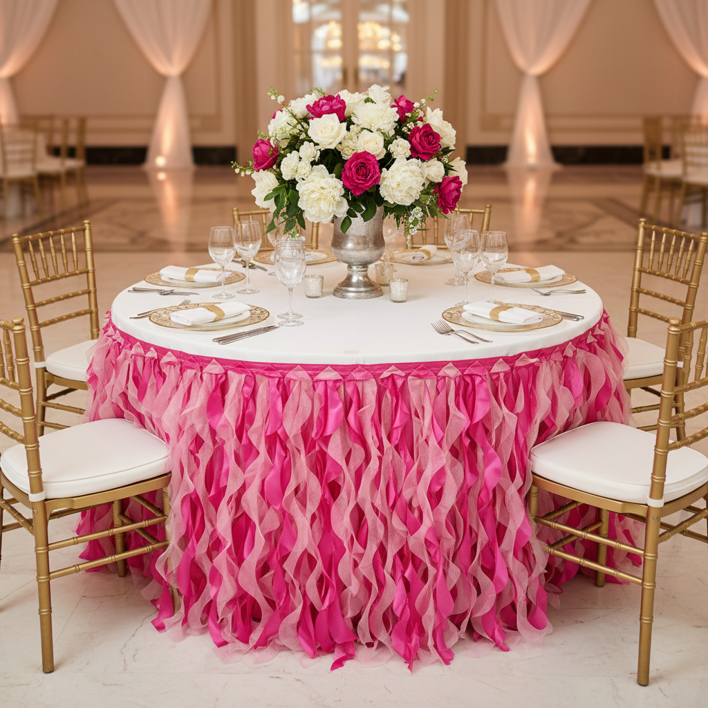 Curly Willow 17ft Table Skirt - Fuchsia for indoor birthday reception with gold trimmed charger plate | white napkin | gold chiavari chair