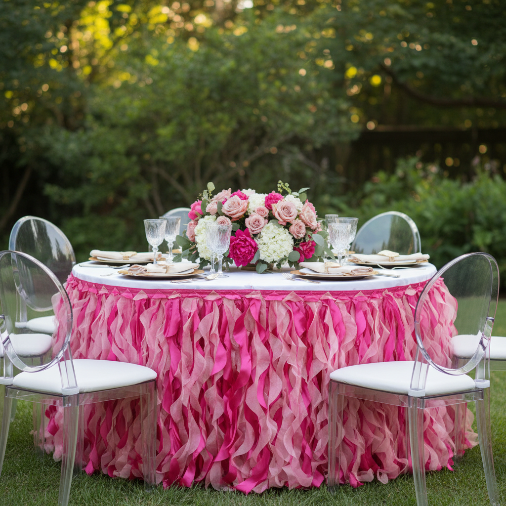 Curly Willow 17ft Table Skirt - Fuchsia with gold charger plate | white napkin | gold chiavari chair | flower centerpiece