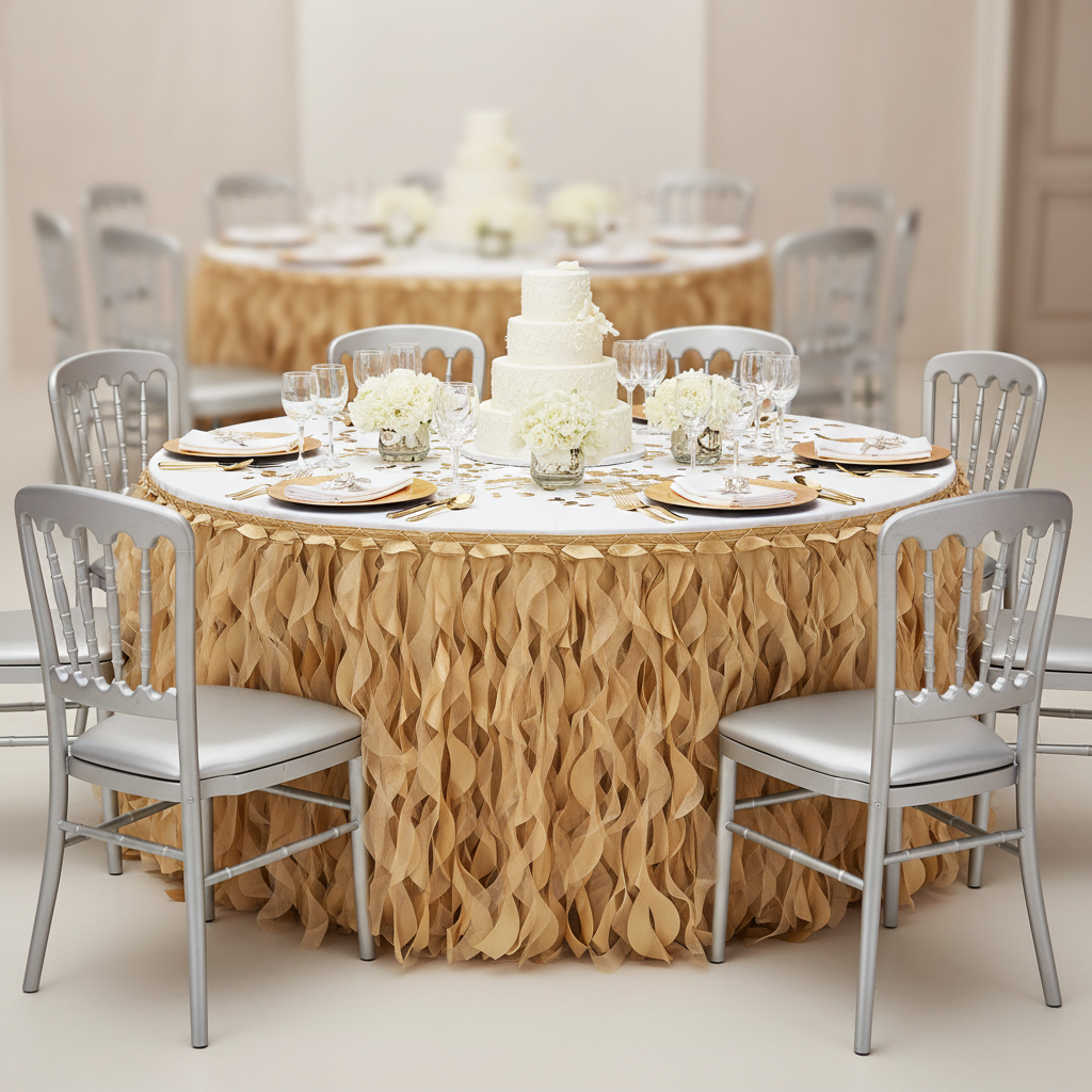 Curly Willow 21ft Table Skirt - Gold with gold charger plate | white napkin | glass goblets