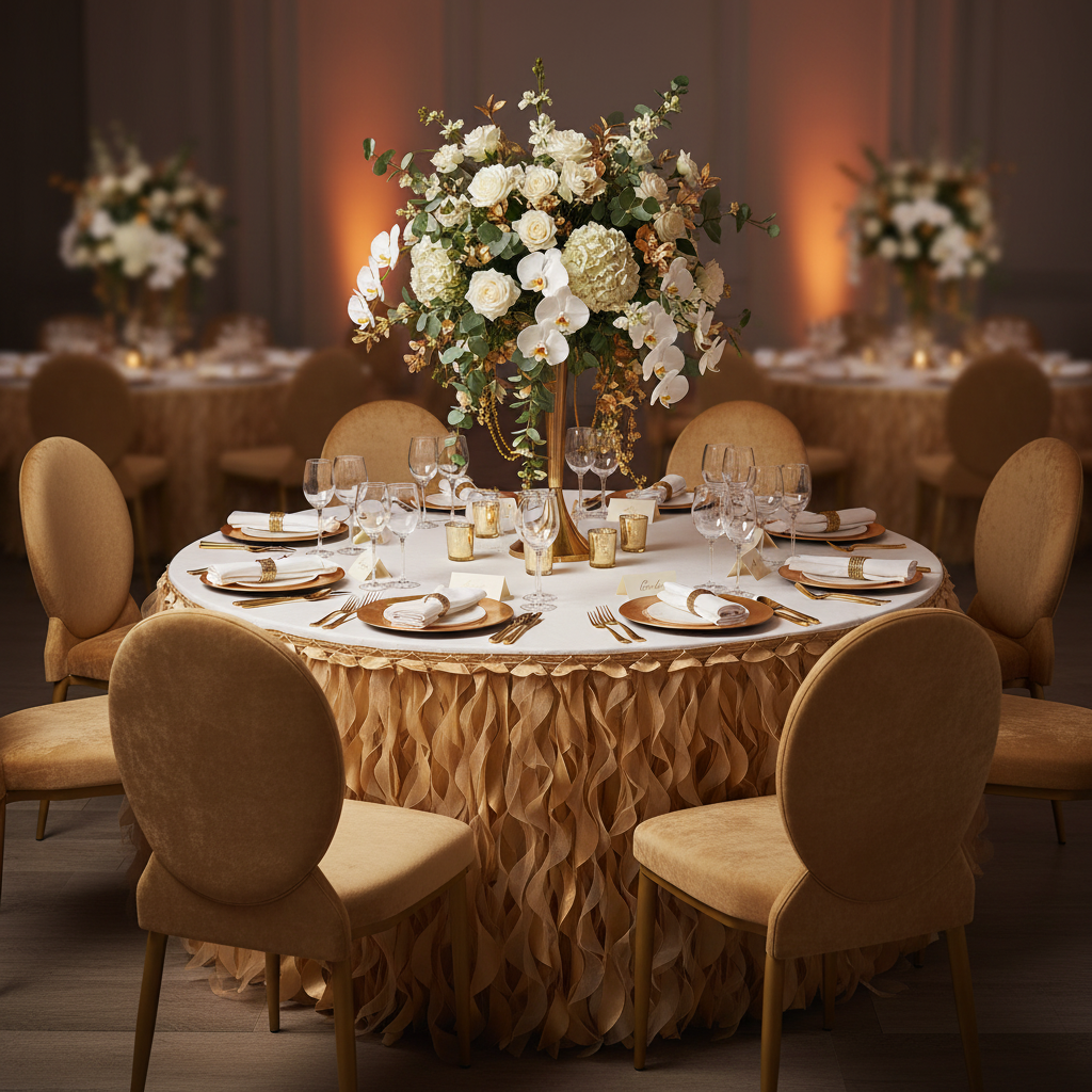 Curly Willow 21ft Table Skirt - Gold with floral centerpiece | gold charger plate | white napkin | glass goblets
