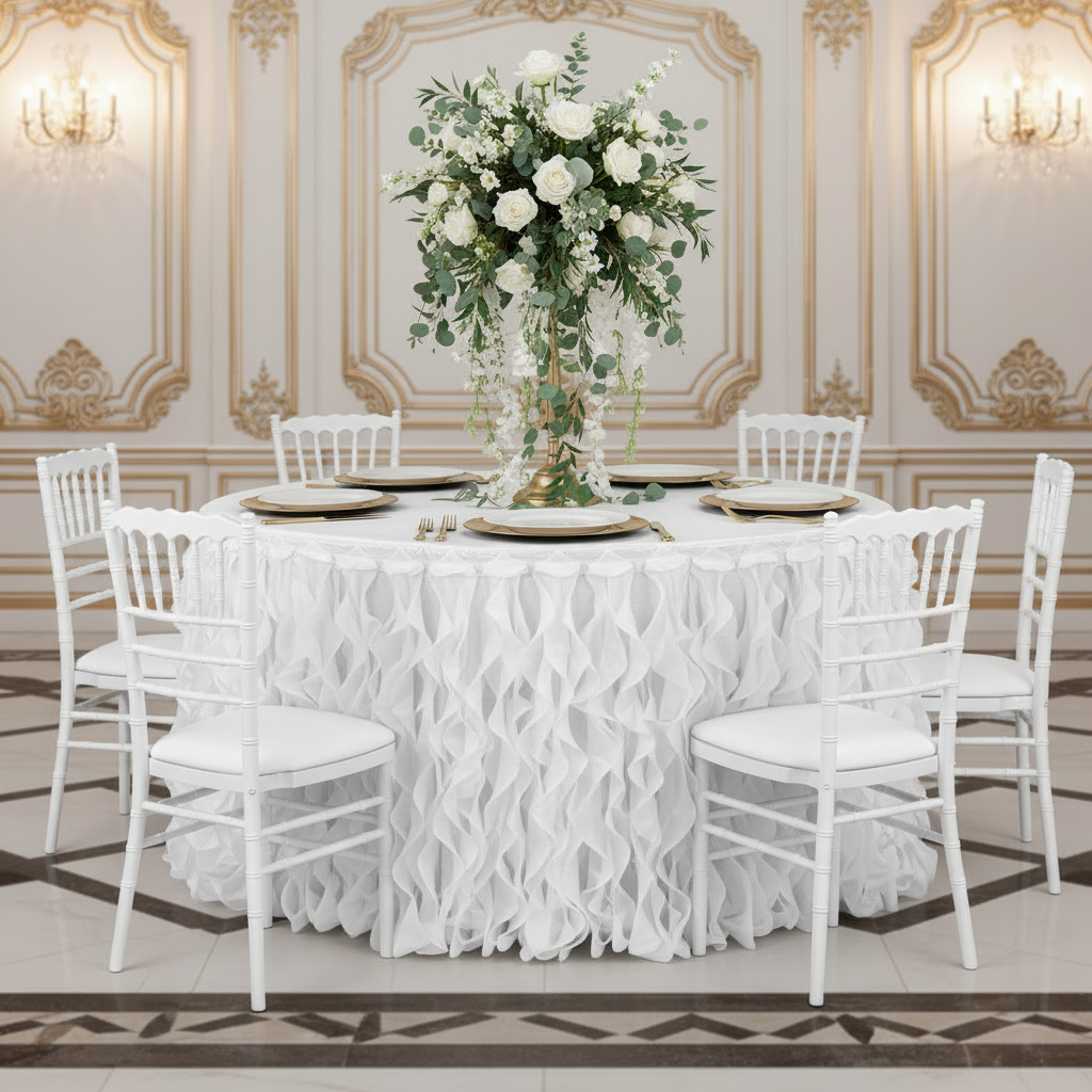 Curly Willow 21ft Table Skirt - White | tablecloth | flower centerpiece | charger plate | dinner plate | 