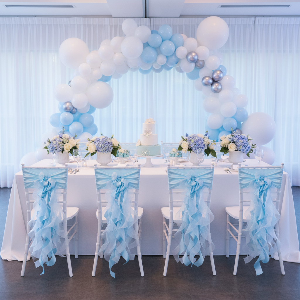 baby shower with Curly Willow Chair Sash - Baby Blue
