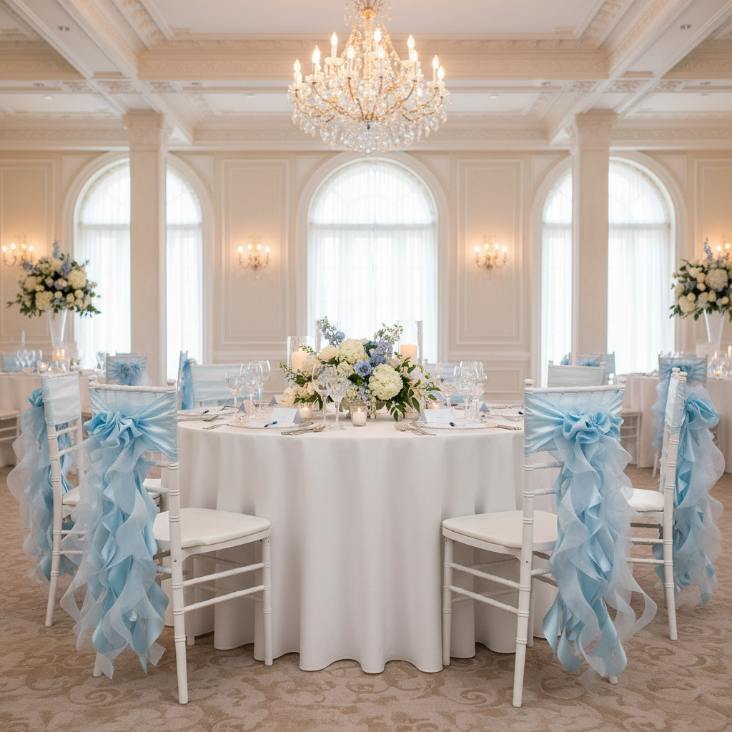 indoor wedding reception with Curly Willow Chair Sash - Baby Blue