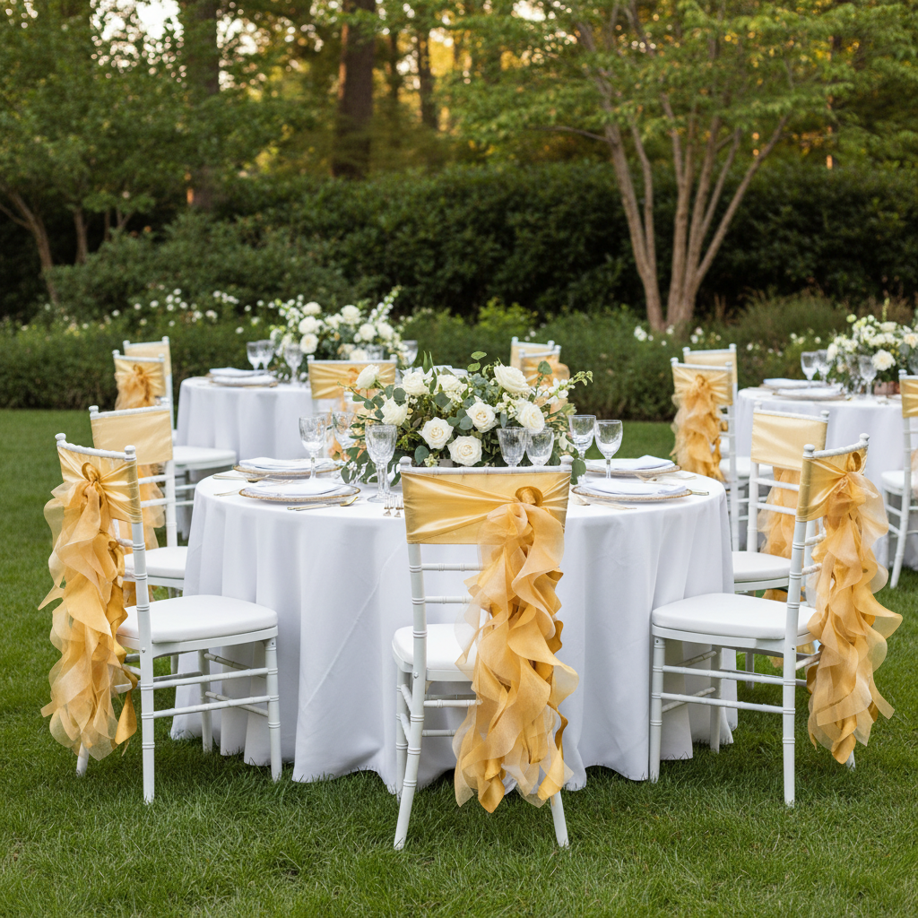 Curly Willow Chair Sash - Bright Gold on chiavari chair with bright gold sash tie