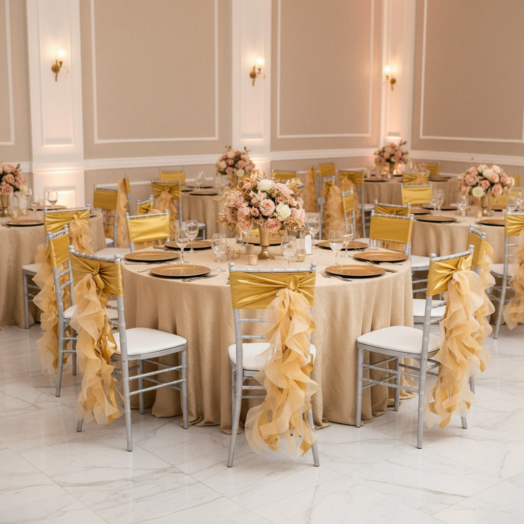 Curly Willow Chair Sash - Bright Gold on chiavari chair with bright gold sash tie