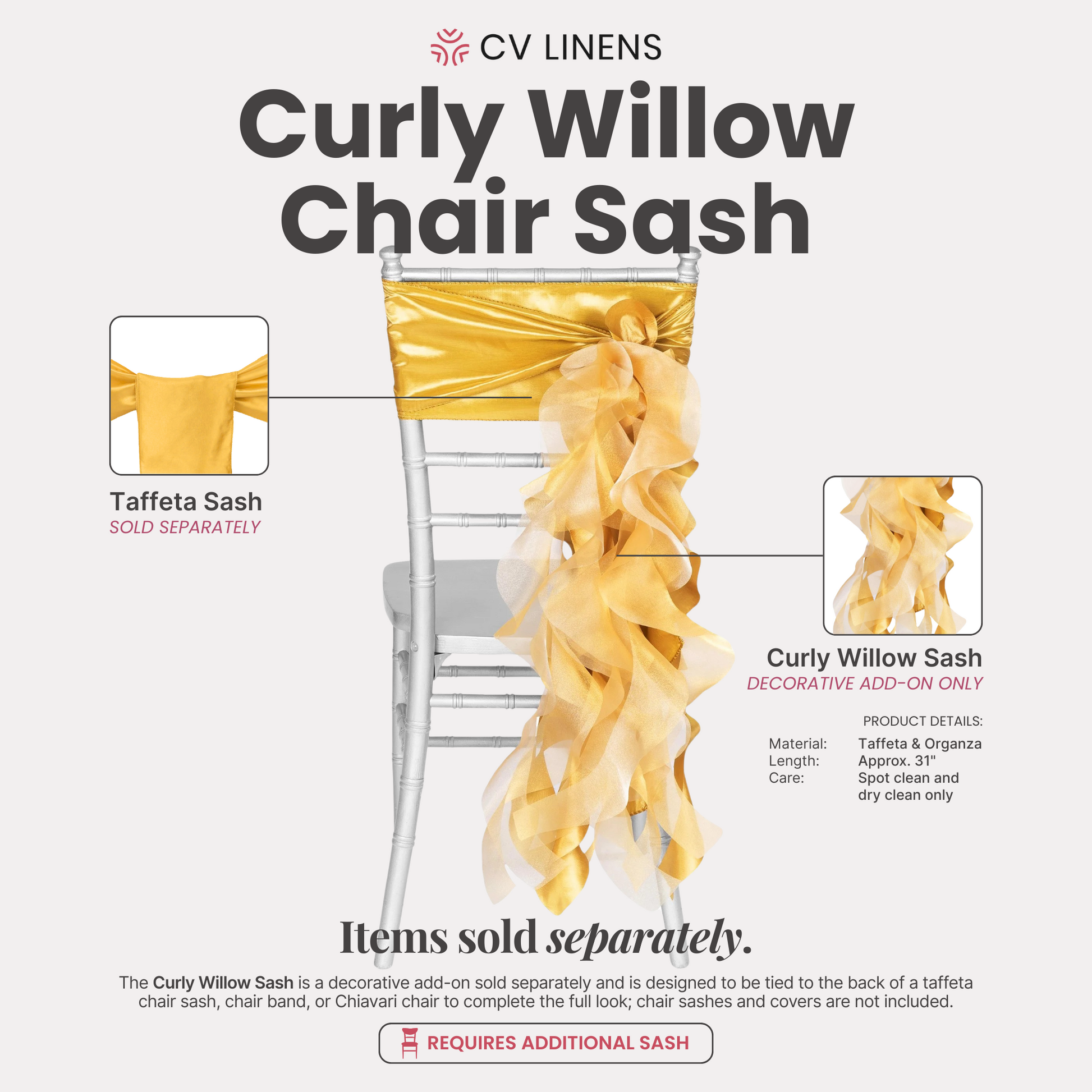 Curly Willow Chair Sash - Bright Gold - CV Linens