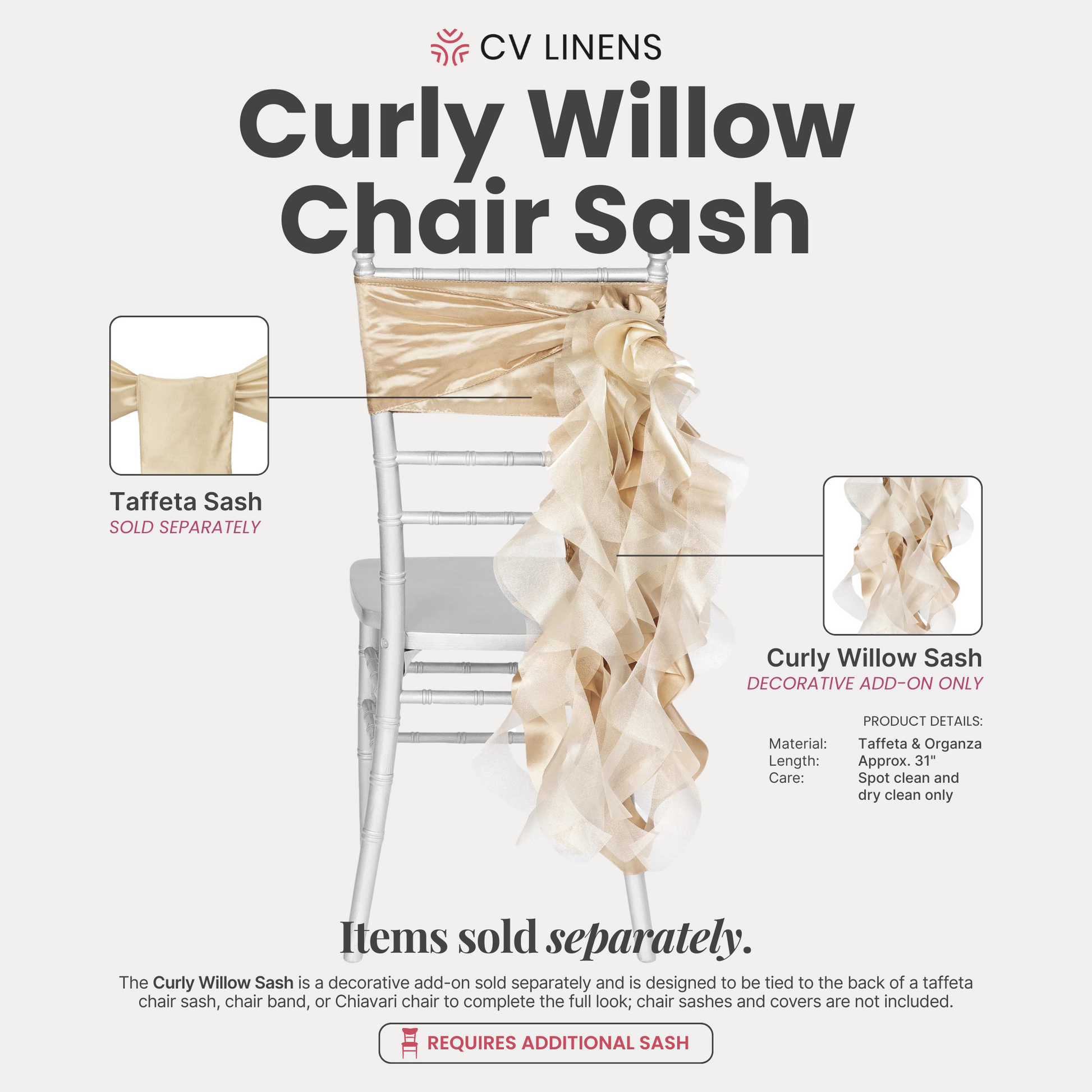 Curly Willow Chair Sash - Champagne - CV Linens