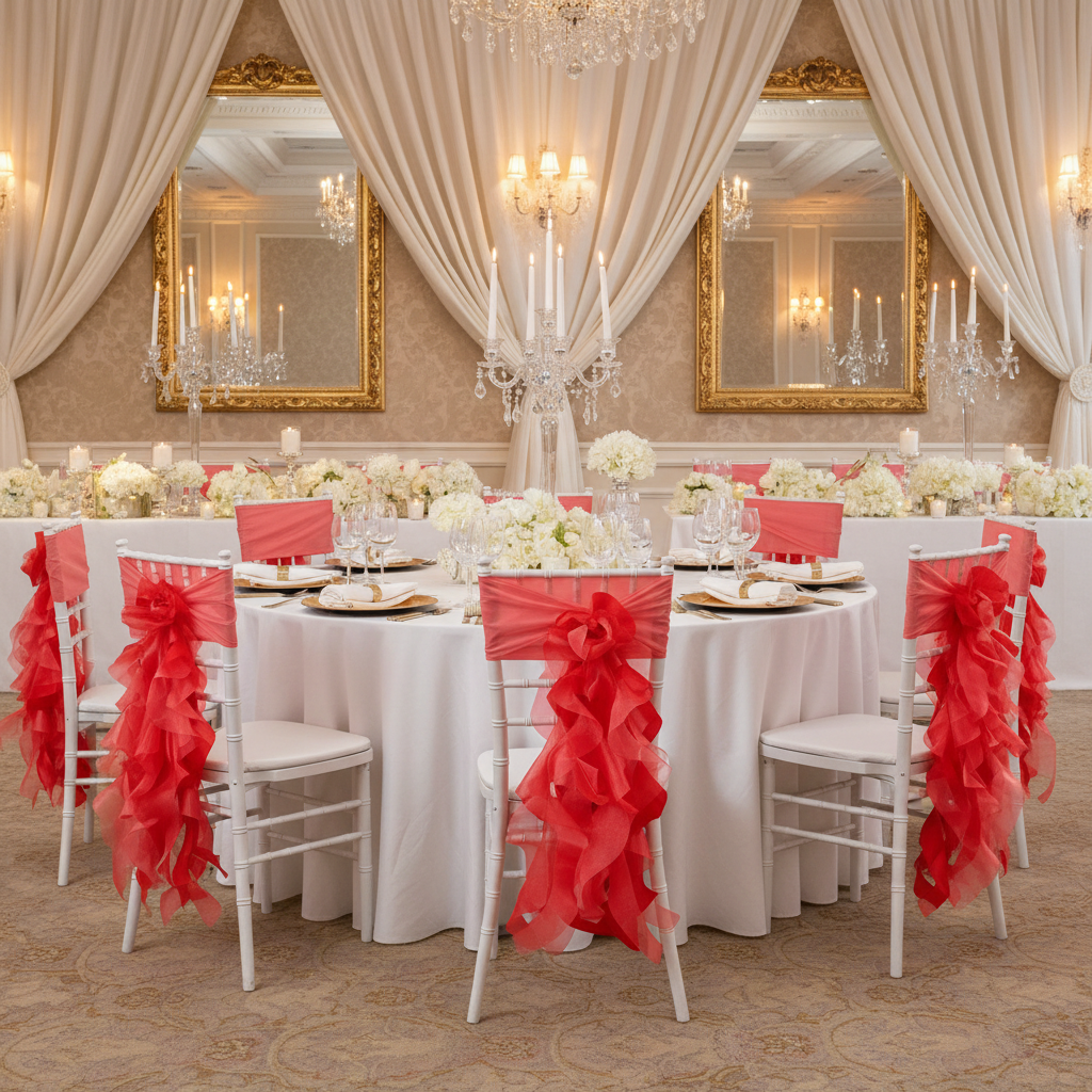 Curly Willow Chair Sash - Red | chair sash tie | chiavari chair | tablecloth | napkin | charger plate | wine goblets |