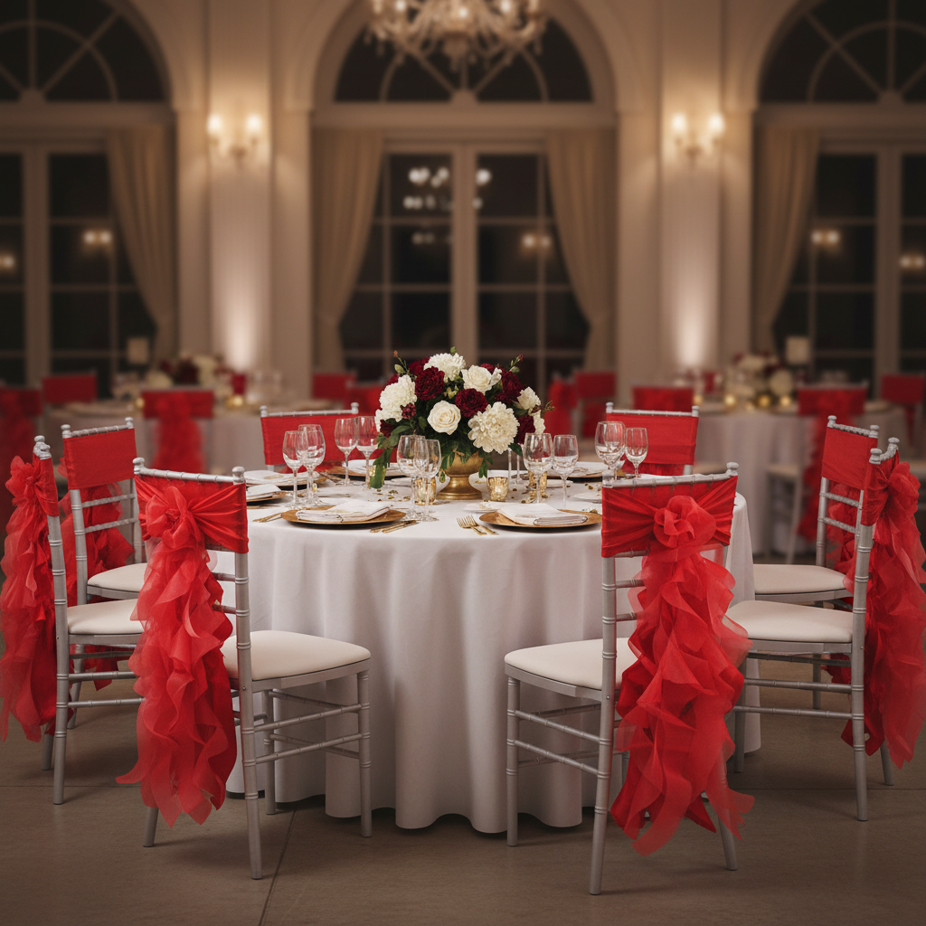Curly Willow Chair Sash - Red | chair sash tie | chiavari chair | tablecloth | napkin | charger plate | wine goblets |