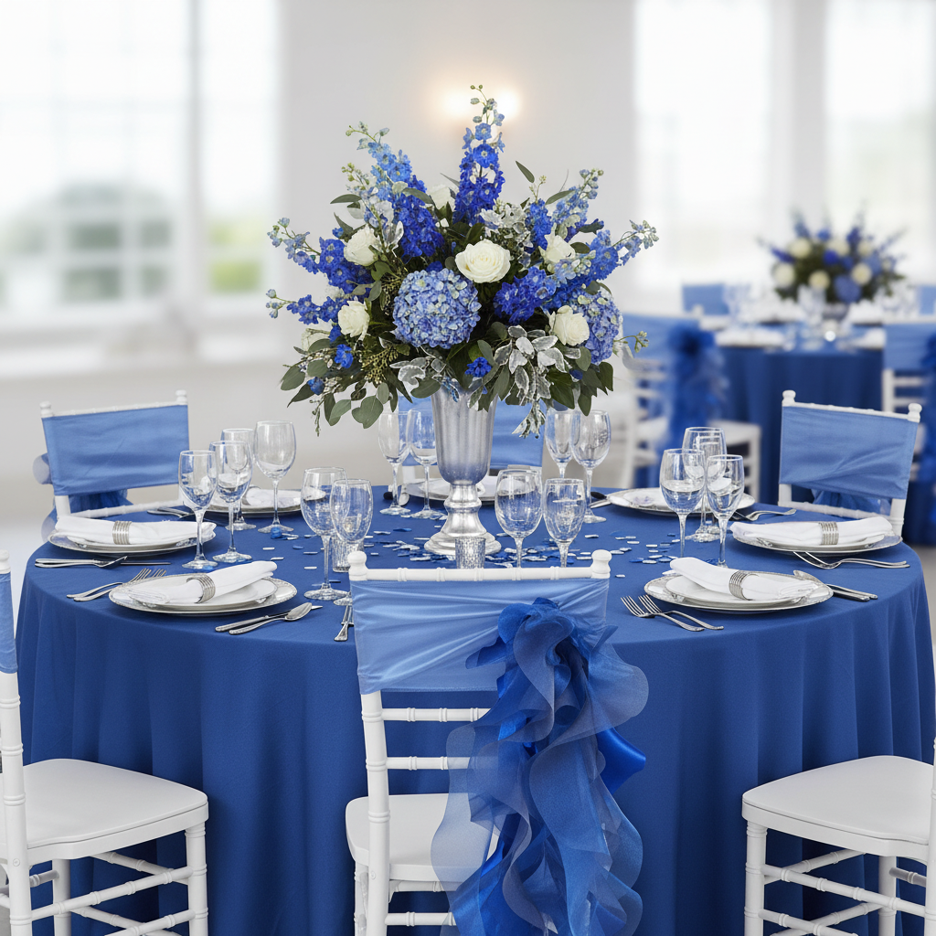 Curly Willow Chair Sash - Royal Blue on chiavari chair for indoor birthday | royal blue tablecloth  silver charger plate | white napkin | wine goblets 