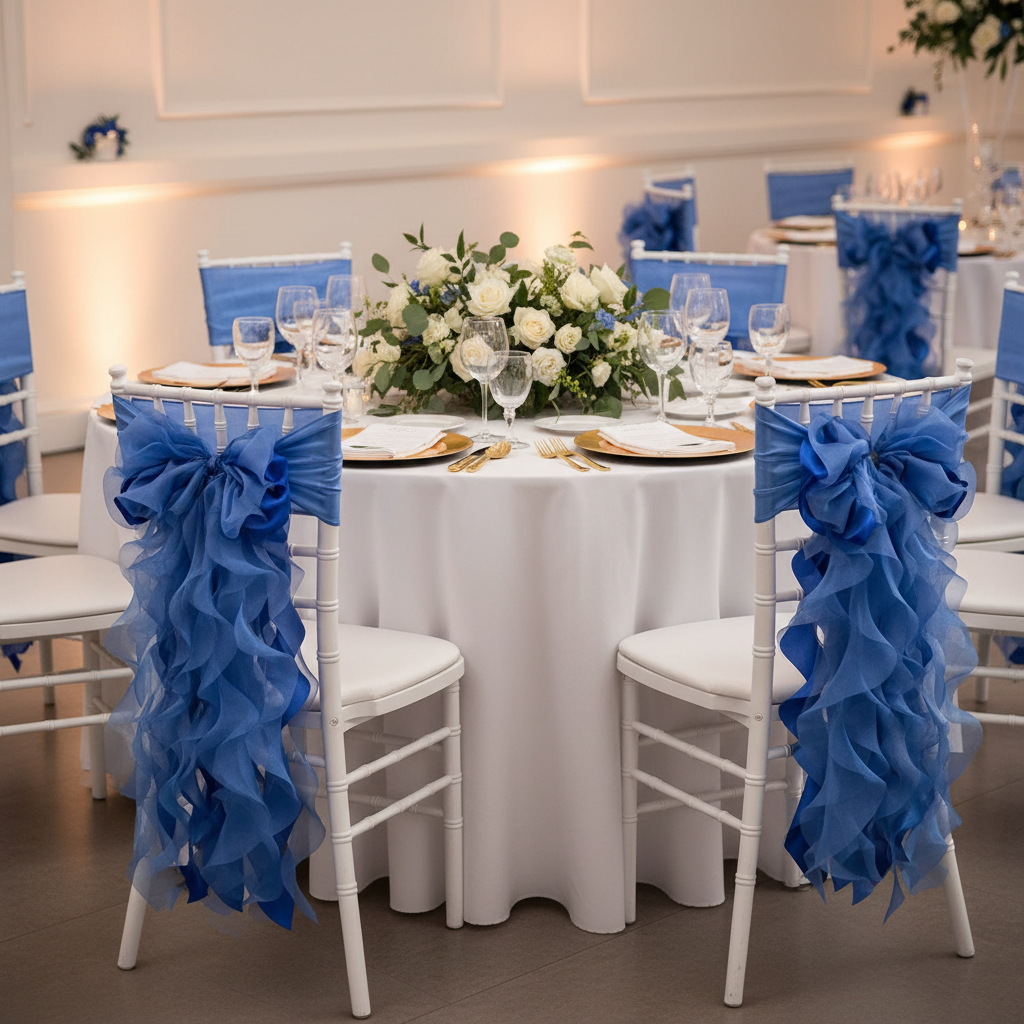 Curly Willow Chair Sash - Royal Blue on chiavari chair for indoor birthday | white tablecloth | gold charger plate | white napkin | wine goblets 