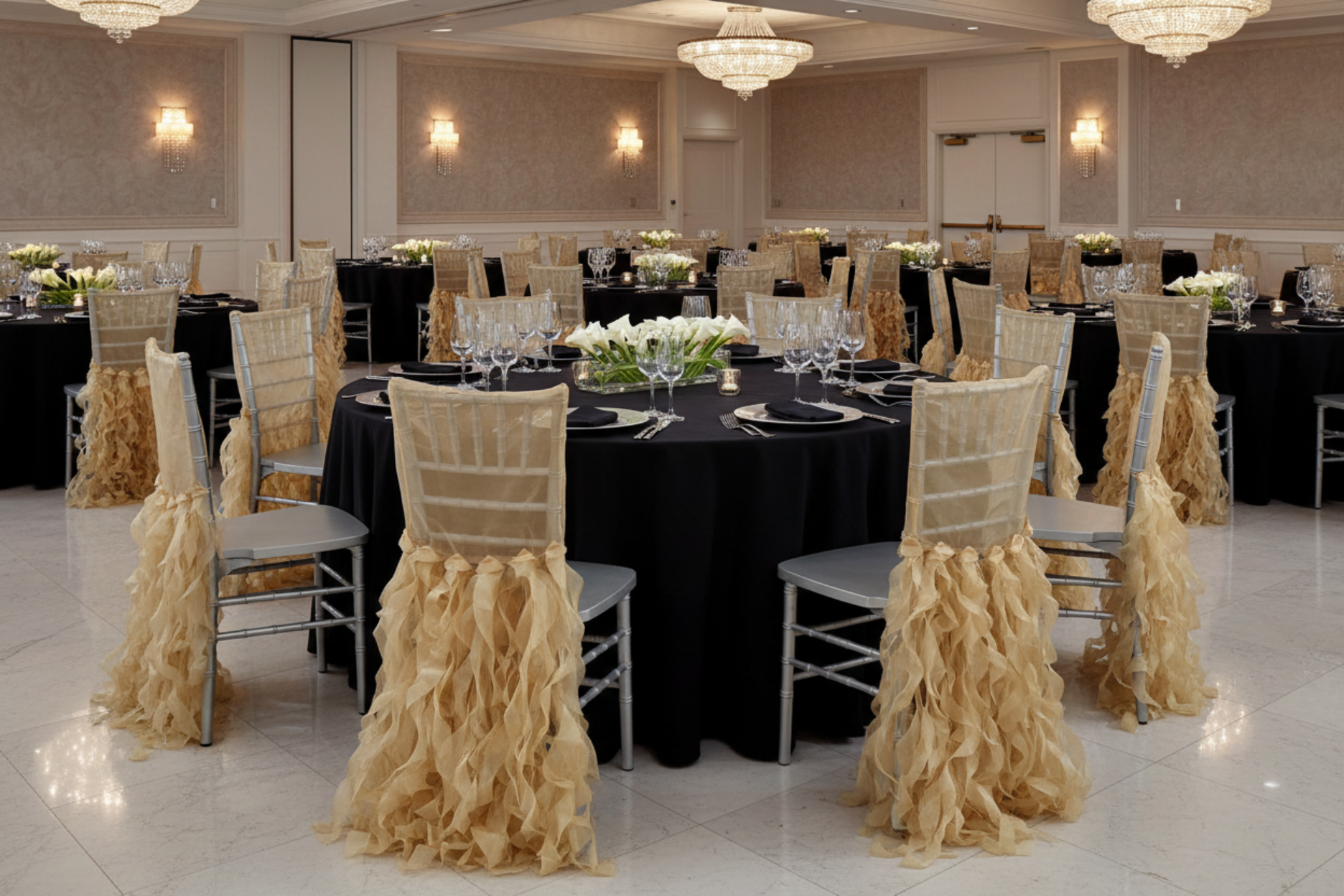 birthday celebration with Curly Willow Chiavari Chair Back Slip Cover - Gold