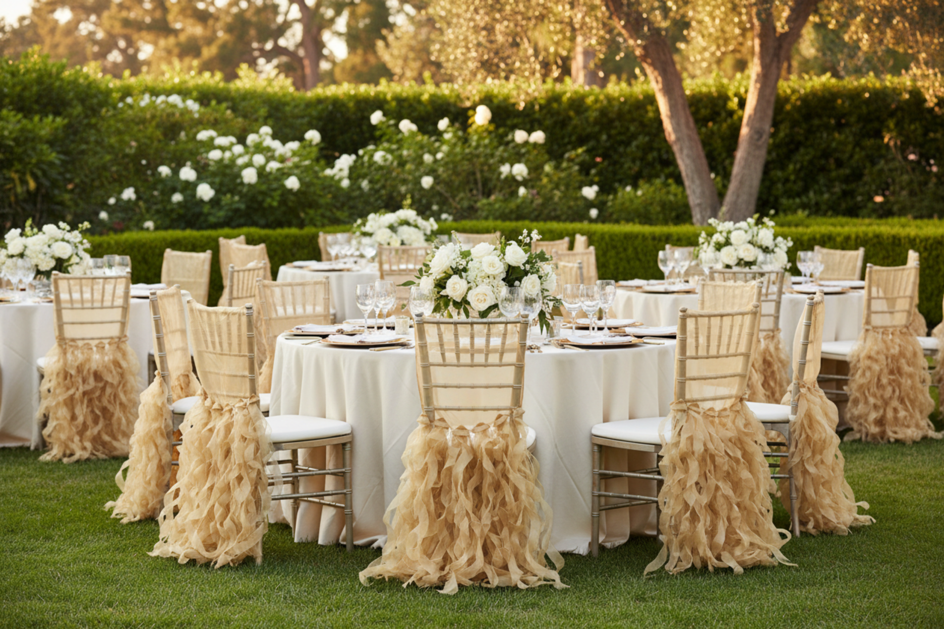 outdoor garden wedding setup withCurly Willow Chiavari Chair Back Slip Cover - Gold
