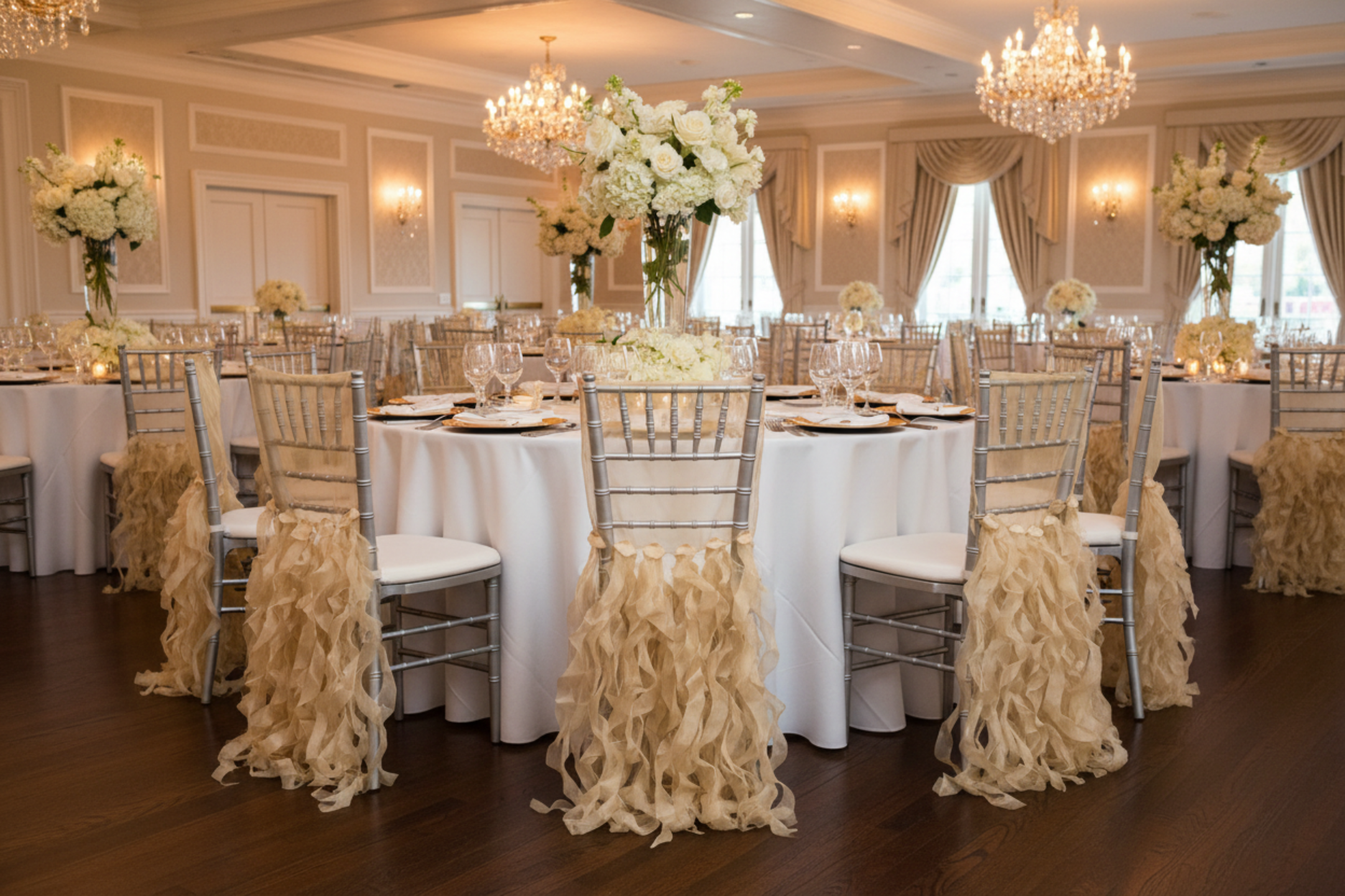 ballroom after party setup Curly Willow Chiavari Chair Back Slip Cover - Gold
