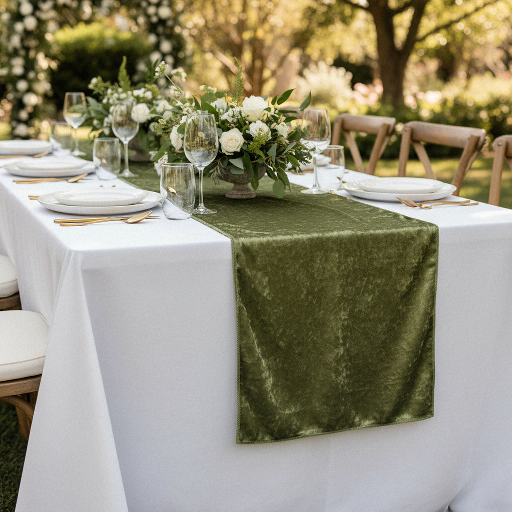 Velvet Table Runner Dark Sage Green on a white rectangular tablecloth, floral centerpieces and rustic barn style chairs