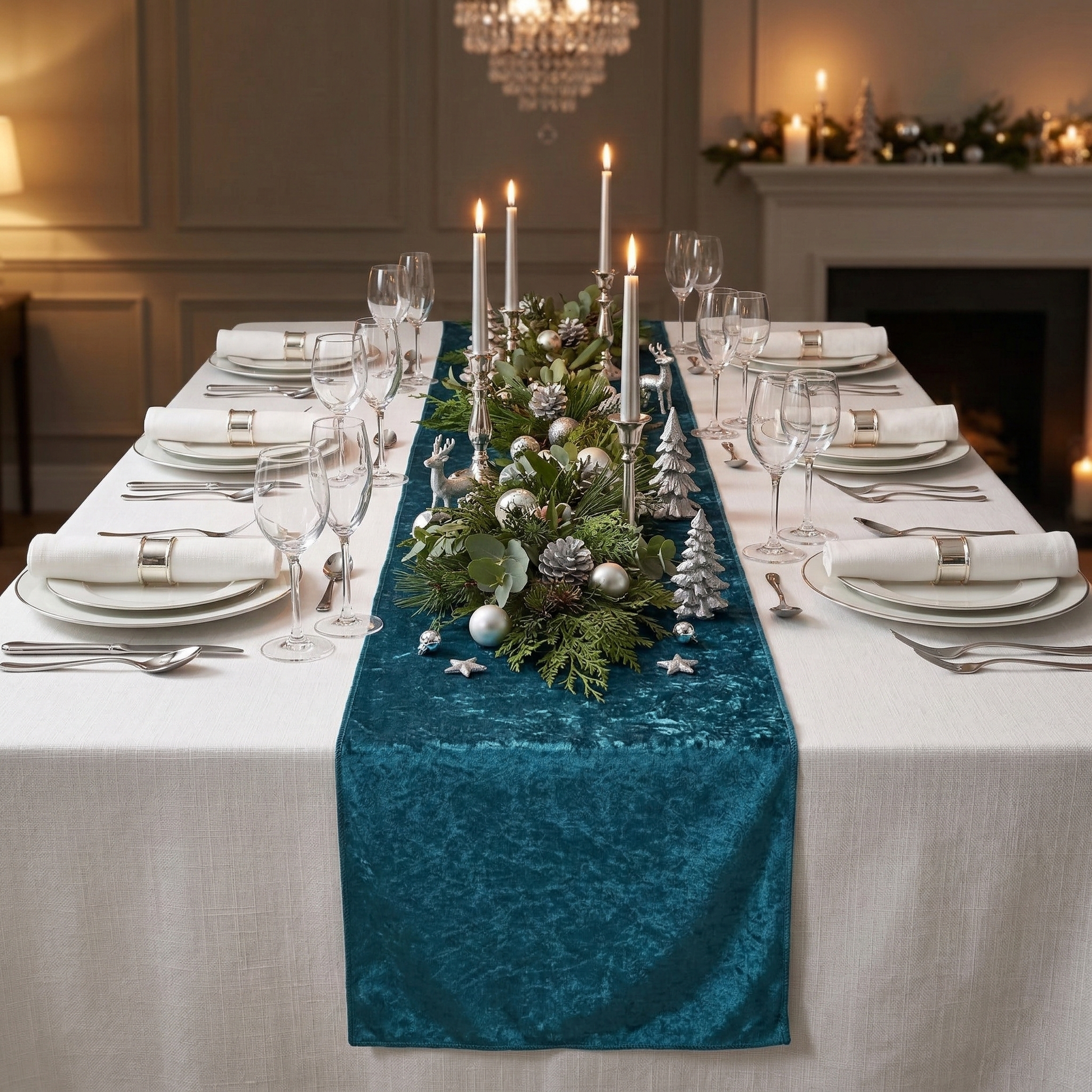 Velvet Table Runner Dark Teal - Christmas Table Setting