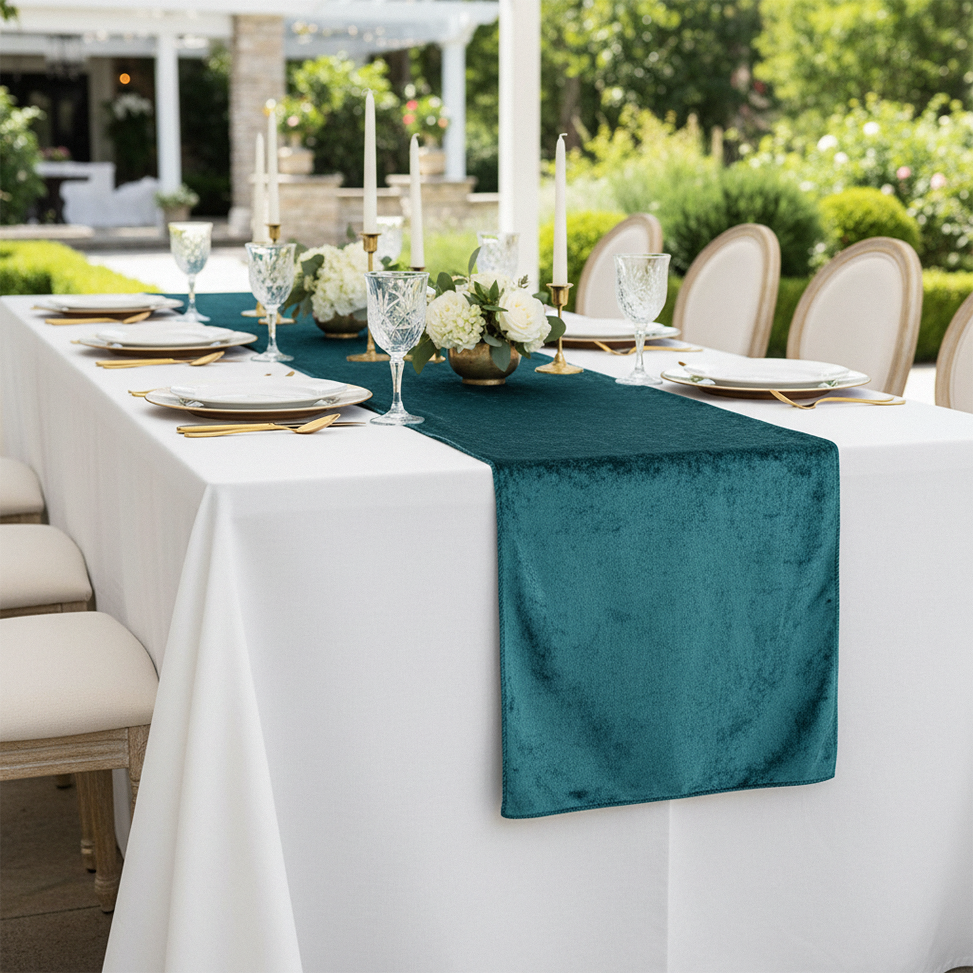 Velvet Table Runner Dark Turquoise on a rectangular polyester tablecloth