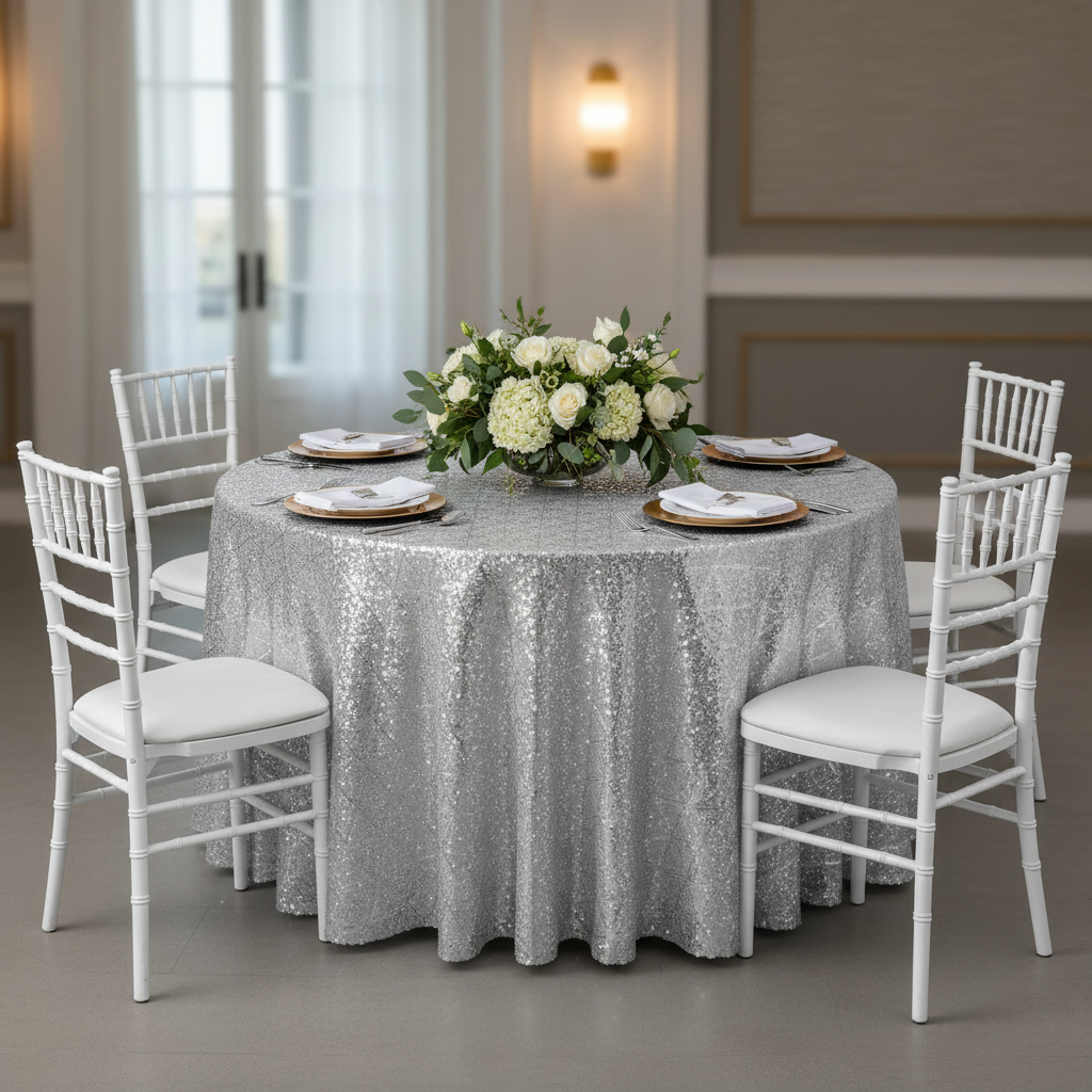 Diamond Glitz Sequins 120" Round Tablecloth - Silver 