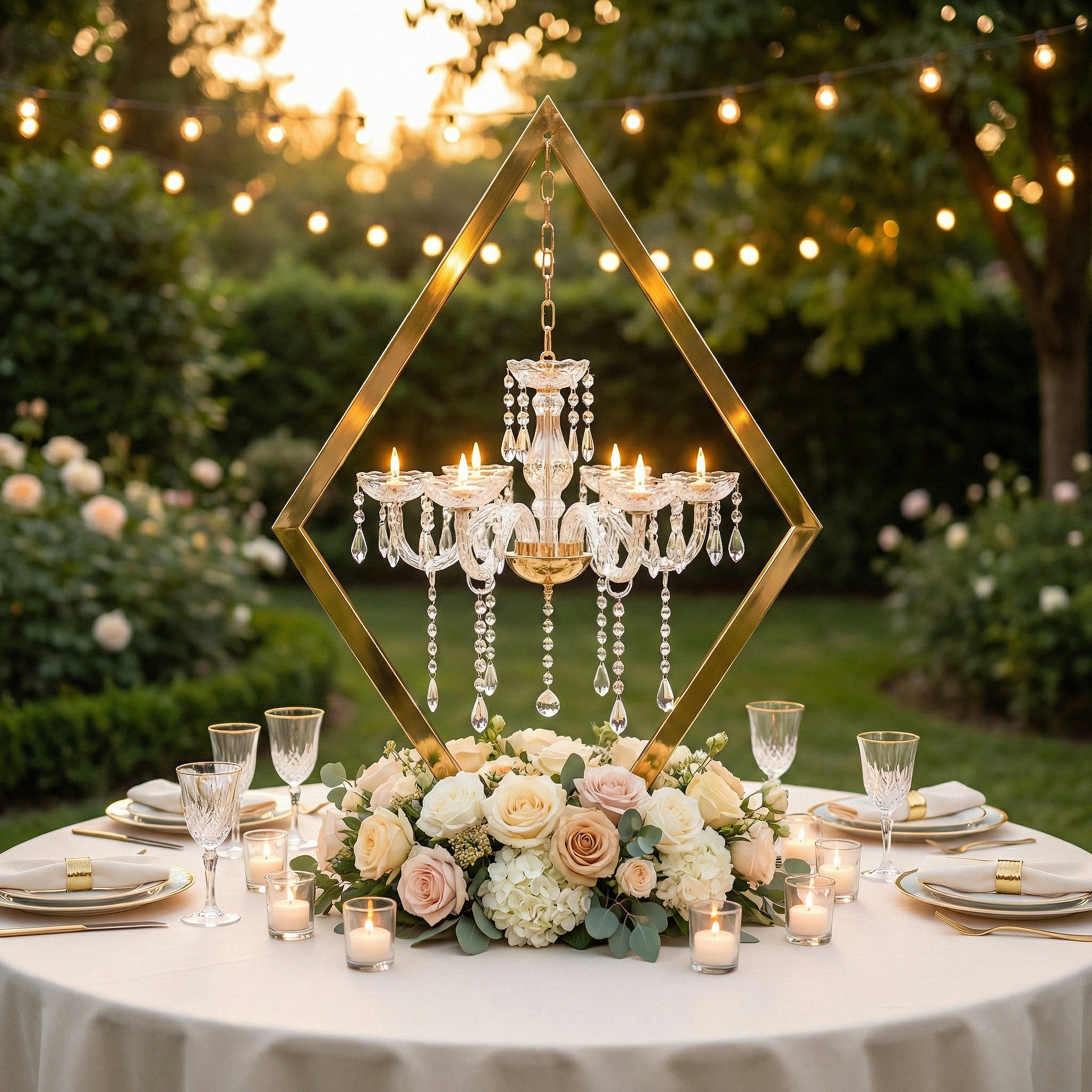 Diamond Shape Centerpiece with Hanging Chandelier Gold outdoor wedding 