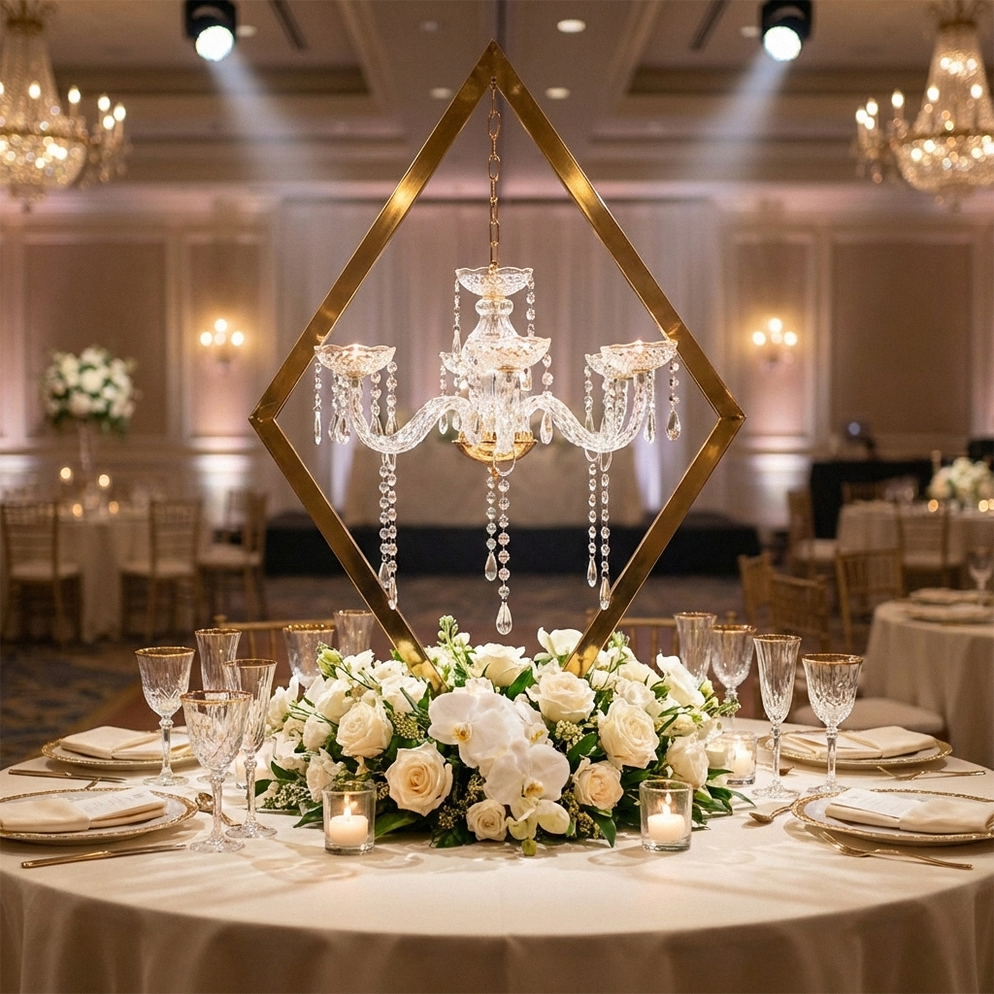 wedding reception table decor with Diamond Shape Centerpiece with Hanging Chandelier Gold, white florals, champagne glasses and dinner plates