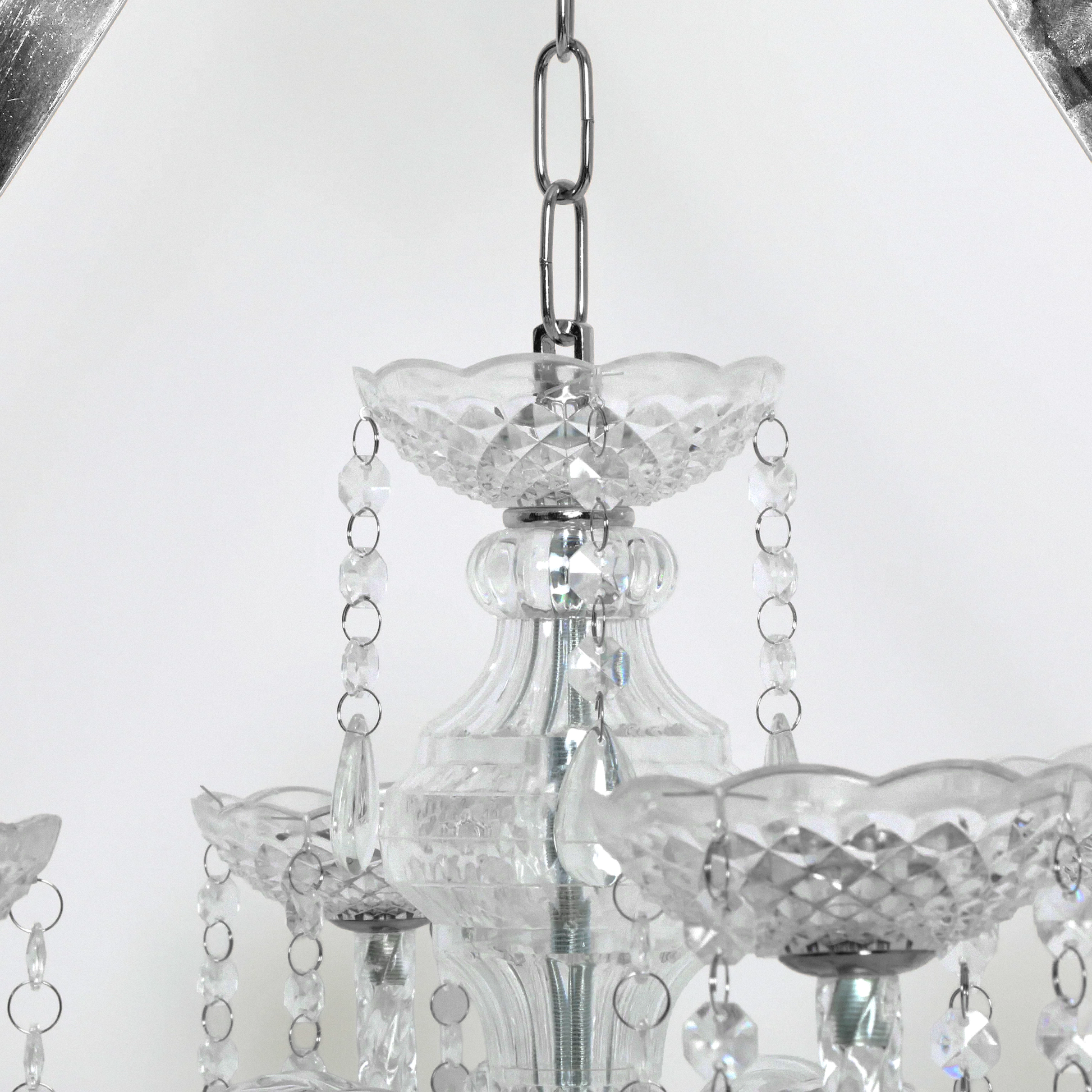 Diamond Shape Centerpiece with Hanging Chandelier Silver close up of the top of the chandelier and chain link
