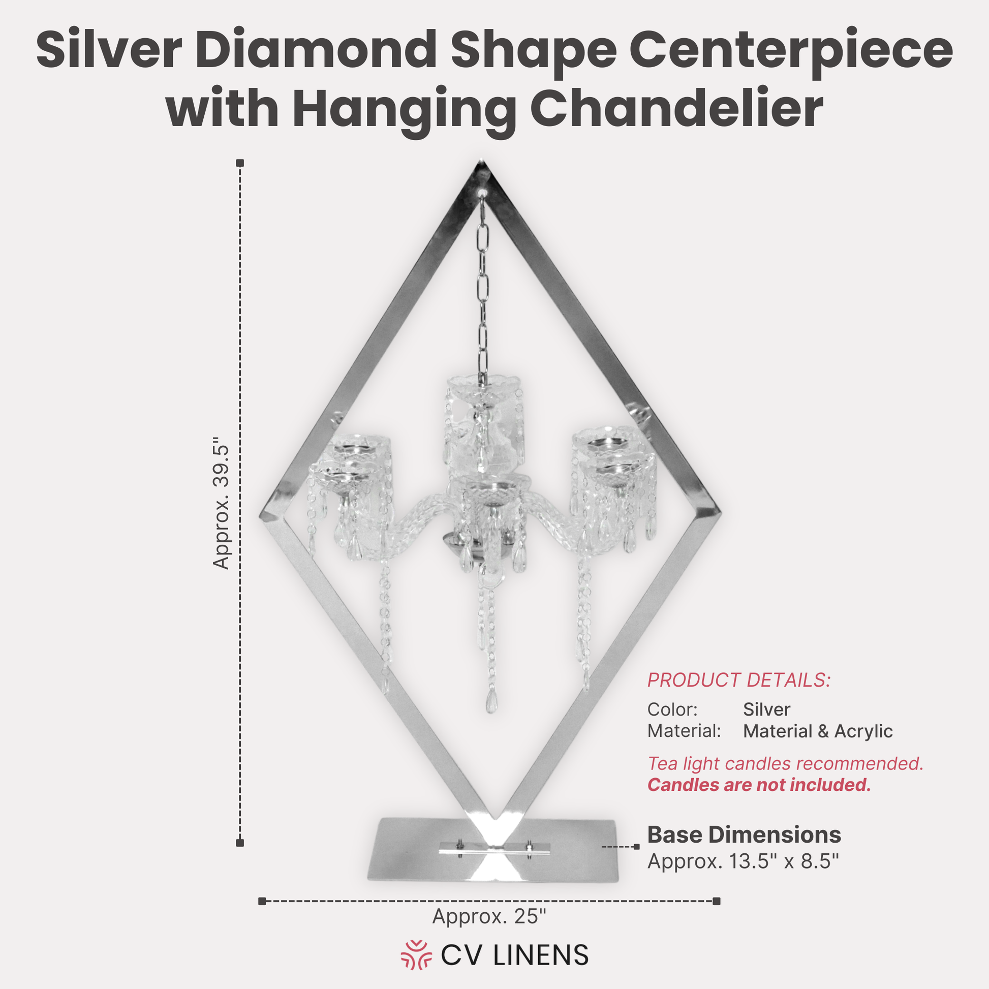 Diamond Shape Centerpiece with Hanging Chandelier Silver infographic showing product details