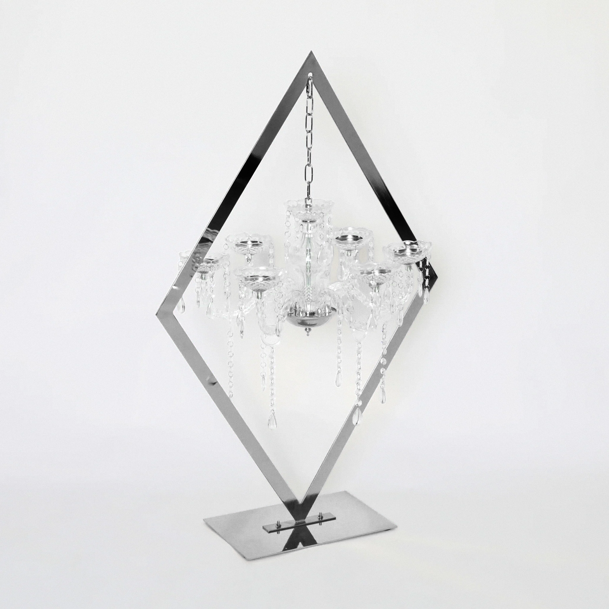 Diamond Shape Centerpiece with Hanging Chandelier Silver angled view
