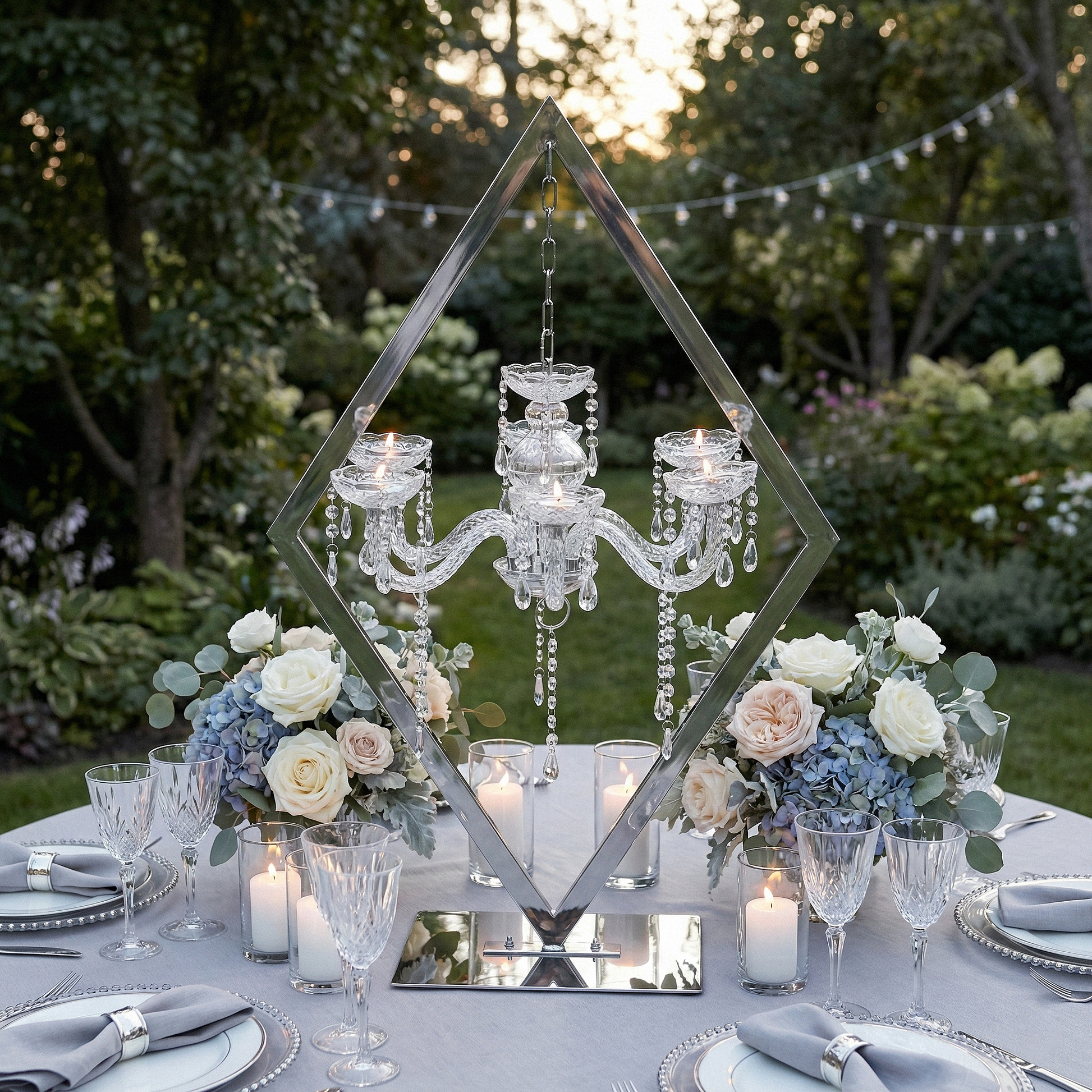 outdoor reception table with the Diamond Shape Centerpiece with Hanging Chandelier Silver, blue and white floral centerpieces, and wine glasses