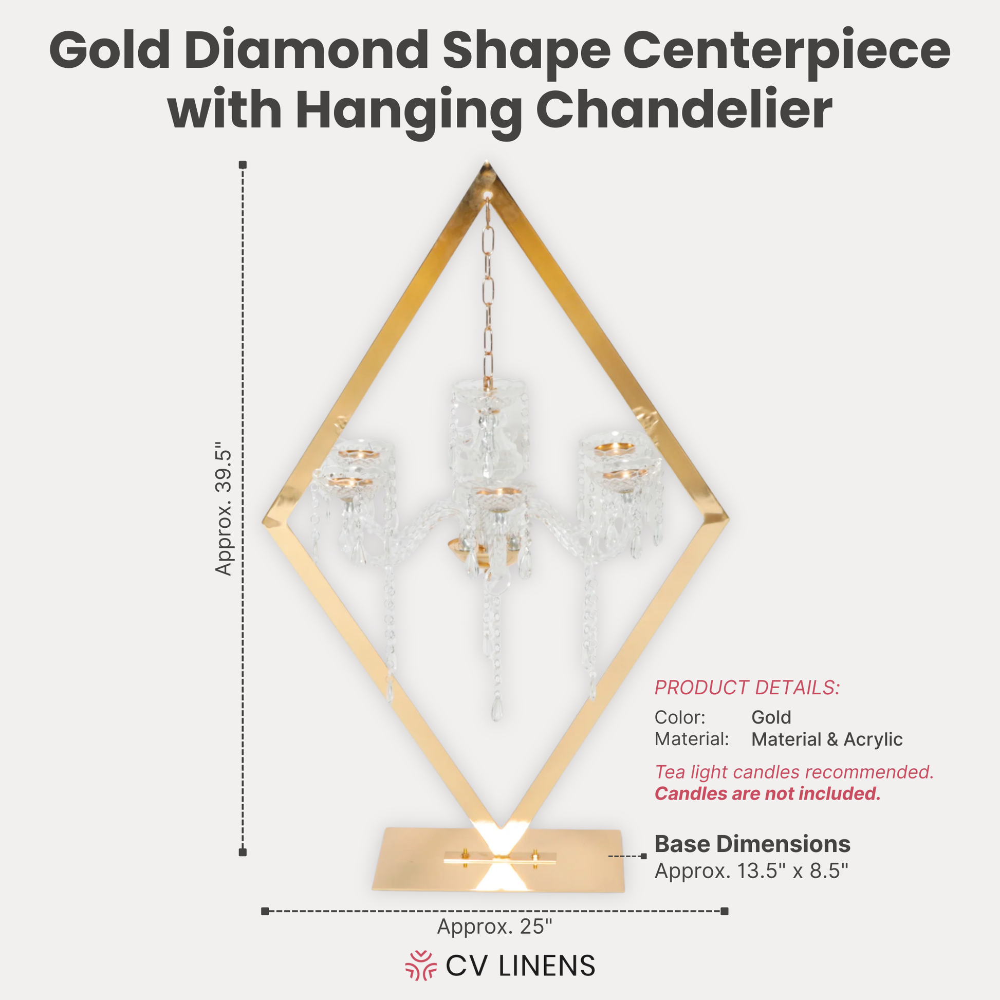 Diamond Shape Centerpiece with Hanging Chandelier Gold infographic showing product details