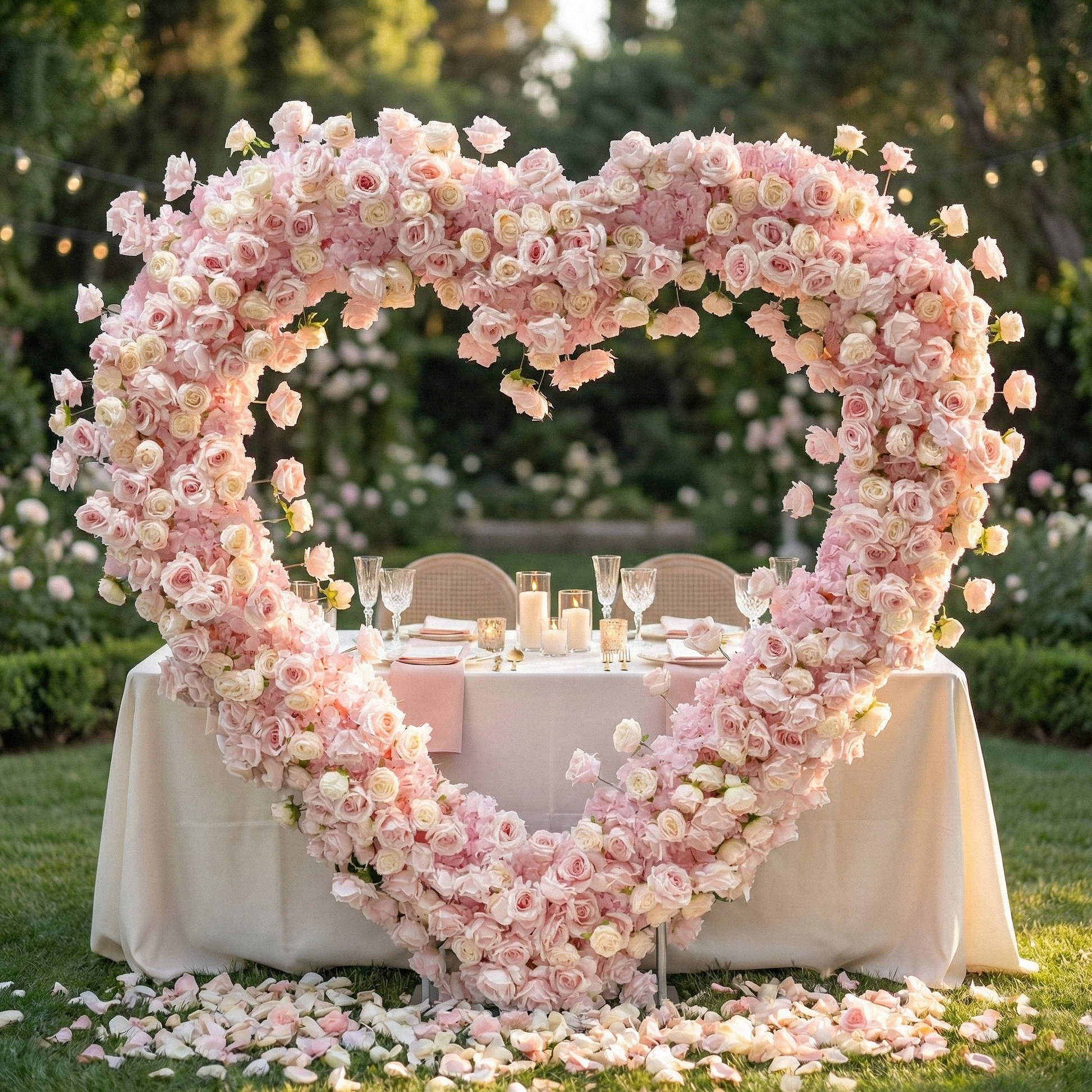 Double Heart Frame Arch Backdrop decorated with mixed roses in front of a sweetheart table