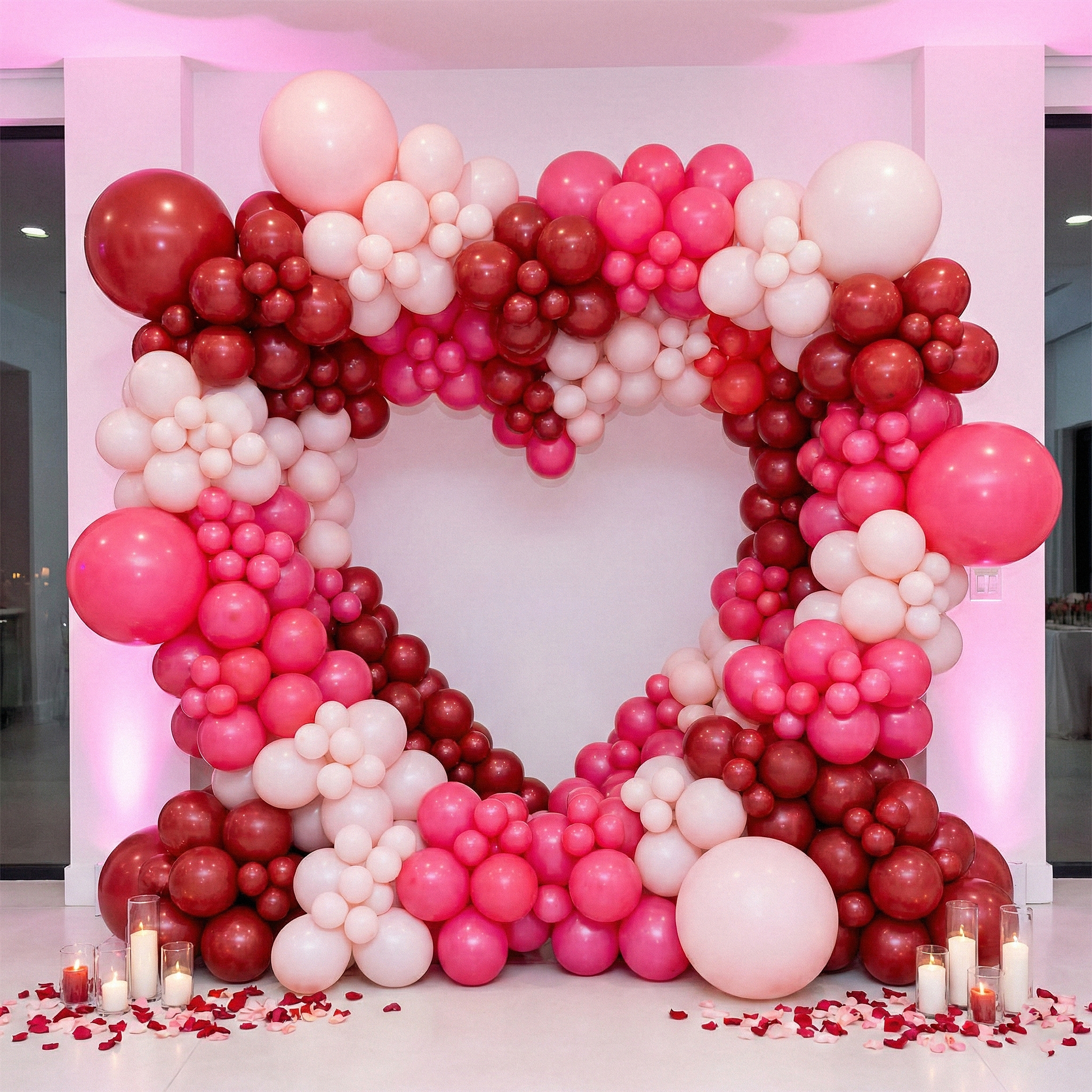 photo backdrop with the Double Heart Frame Arch Backdrop with red, pink and white balloons, pillar candles and loose rose petals