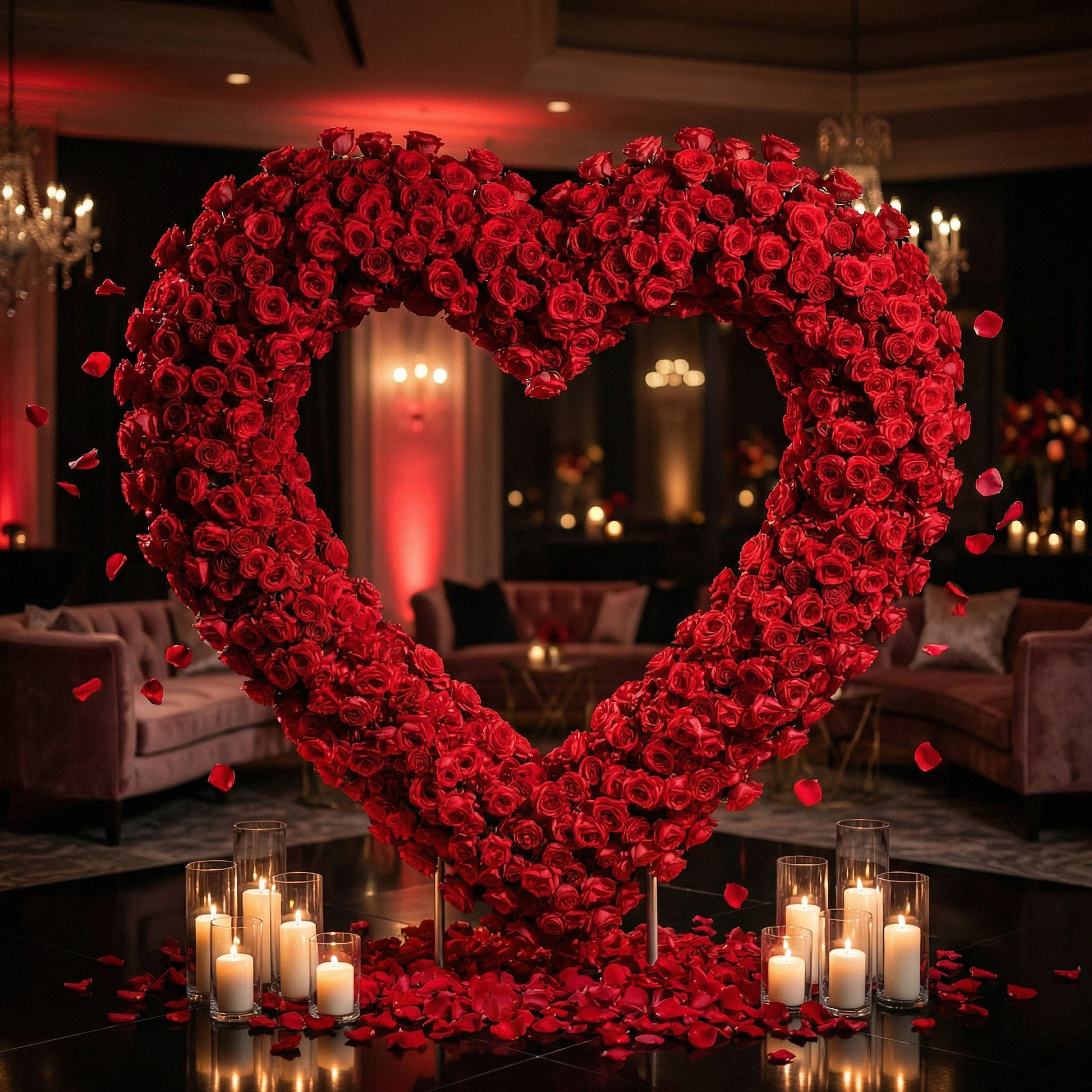Double Heart Frame Arch Backdrop decorated with all red roses, pillar candles and rose petals at the bottom of the stand for a stunning wedding proposal