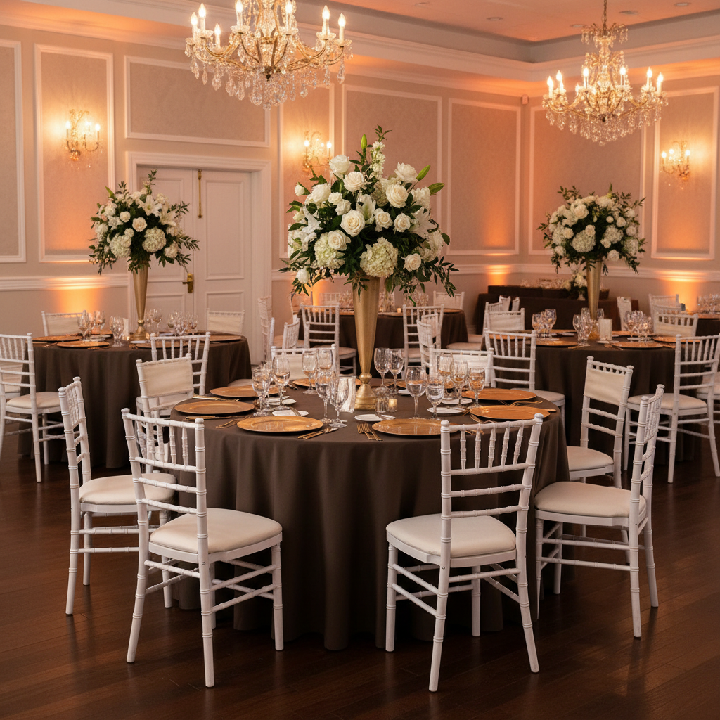wedding reception with Economy Polyester Tablecloth 120" Round - Chocolate
