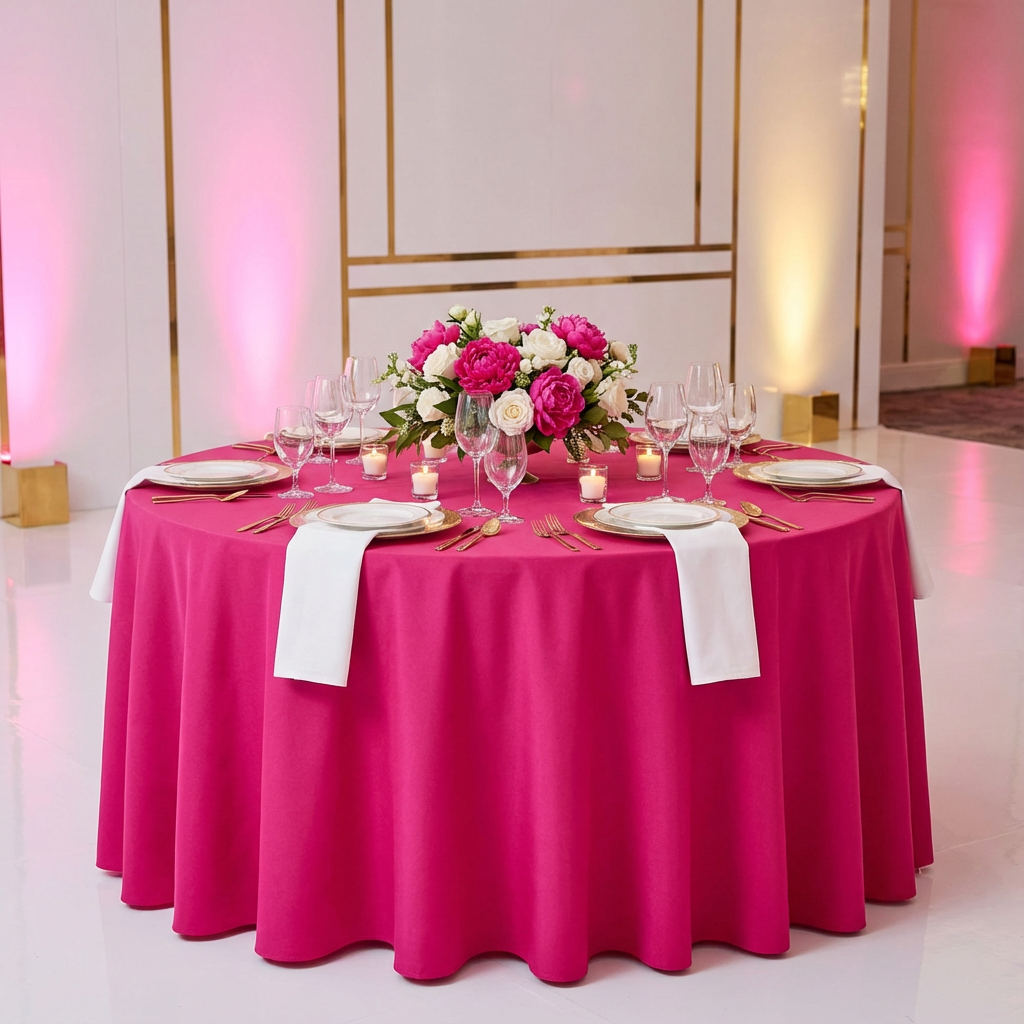 Economy Polyester Tablecloth 120" Round - Fuchsia | charger plate | napkin | wine goblet | centerpiece |
